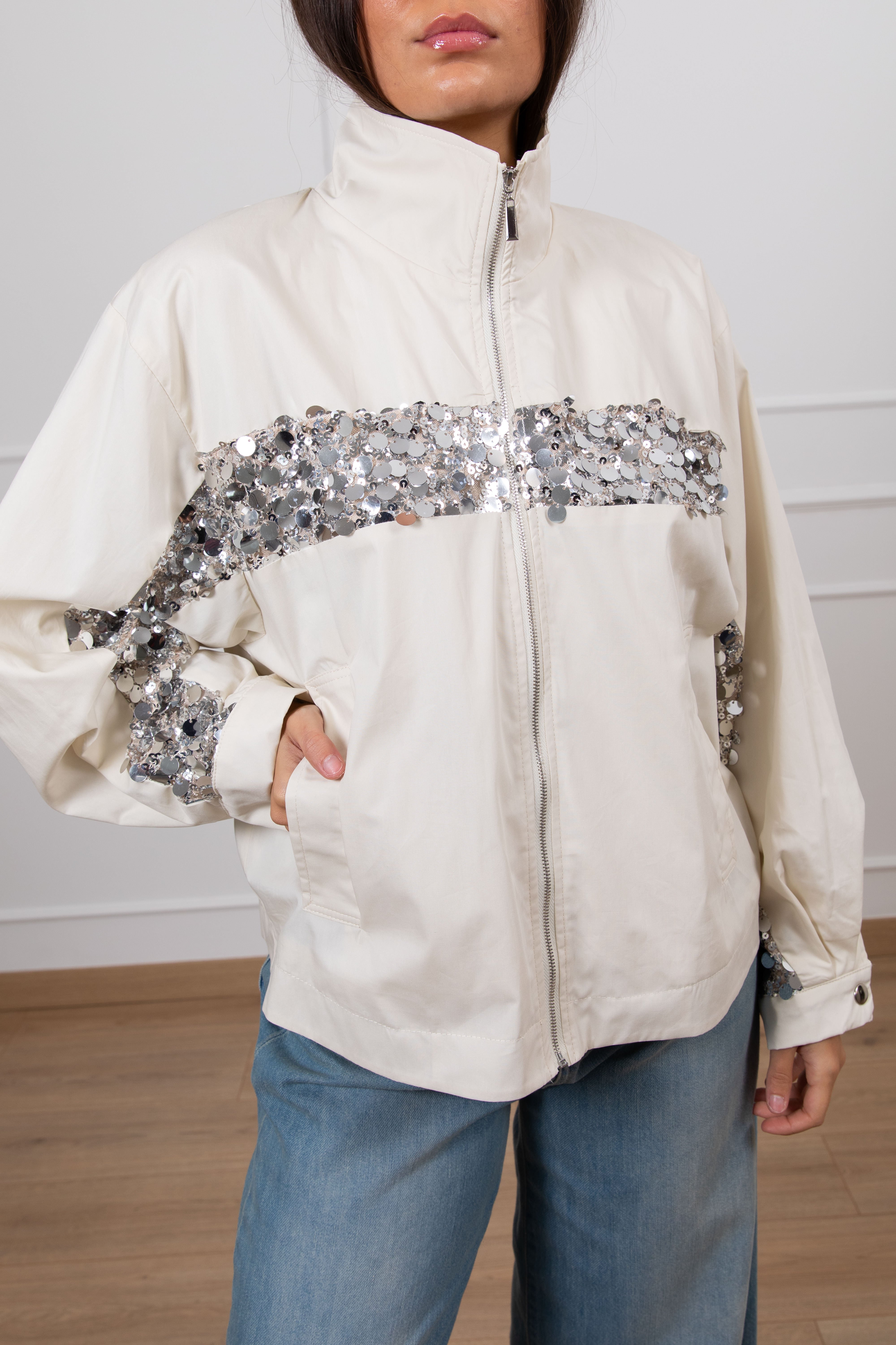 Bomber con inserto paillettes argento Tensione IN