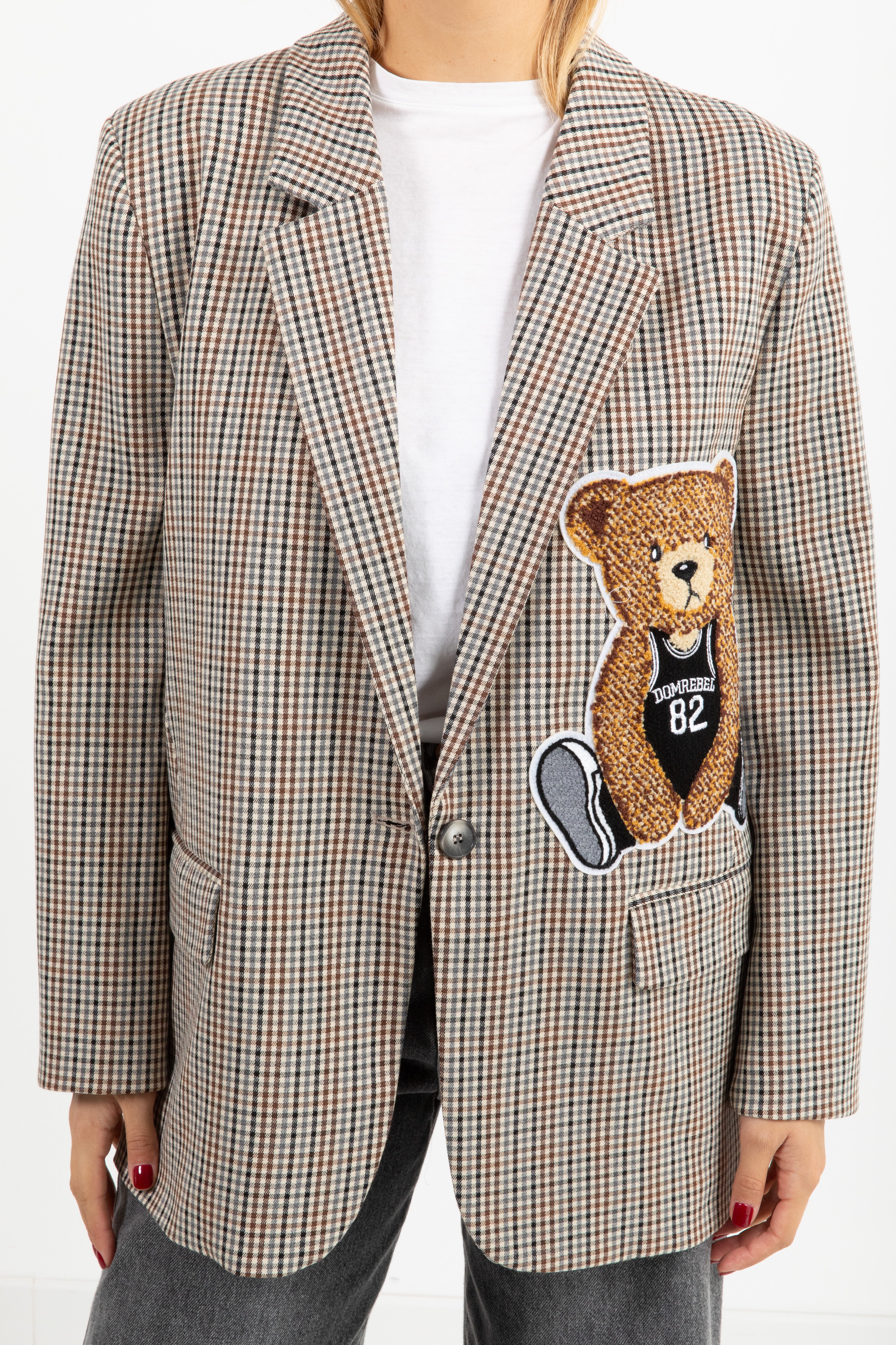 Giacca micro-check con patch teddy ViCOLO