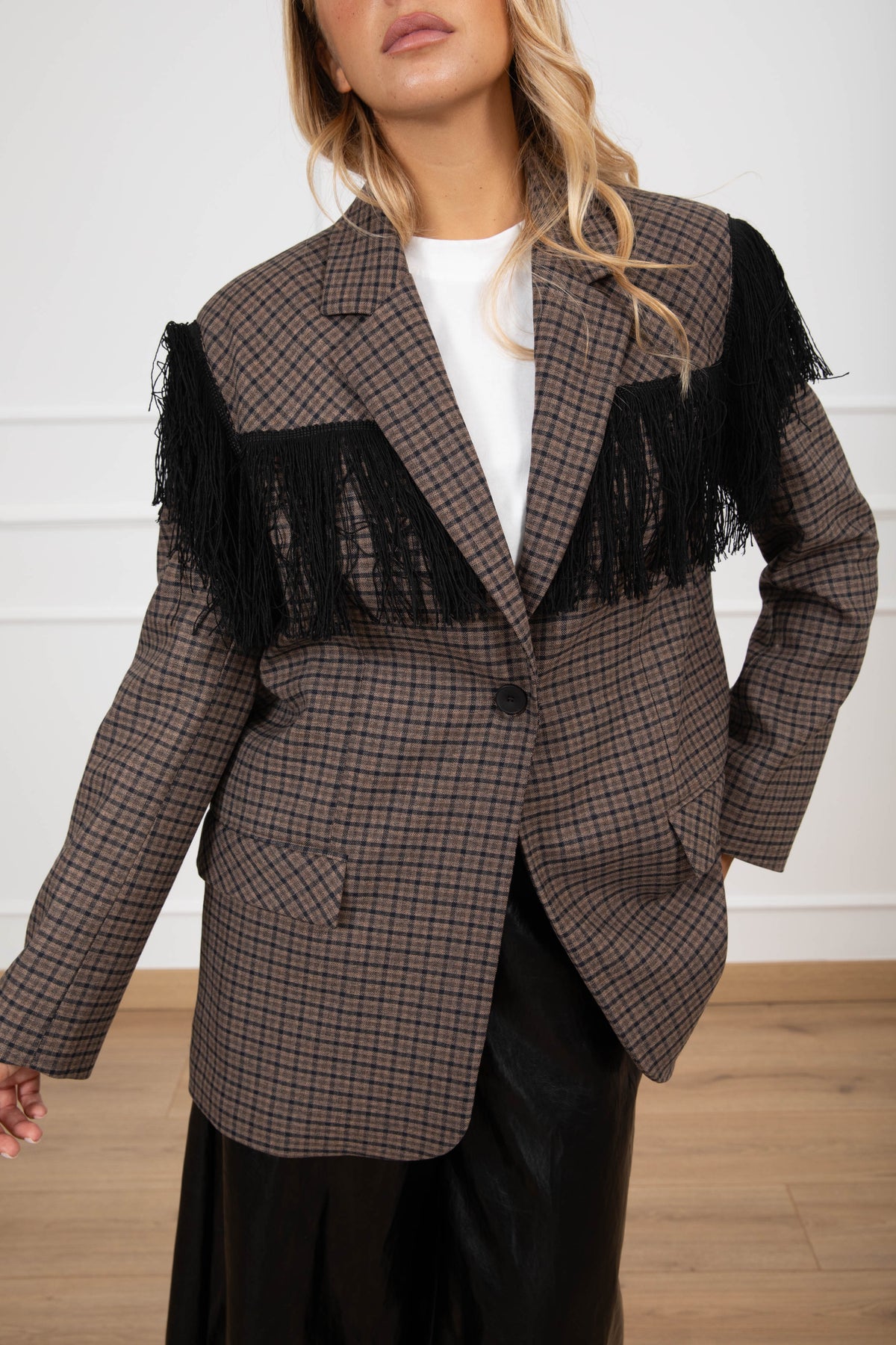 Giacca micro-check con inserto frange ViCOLO