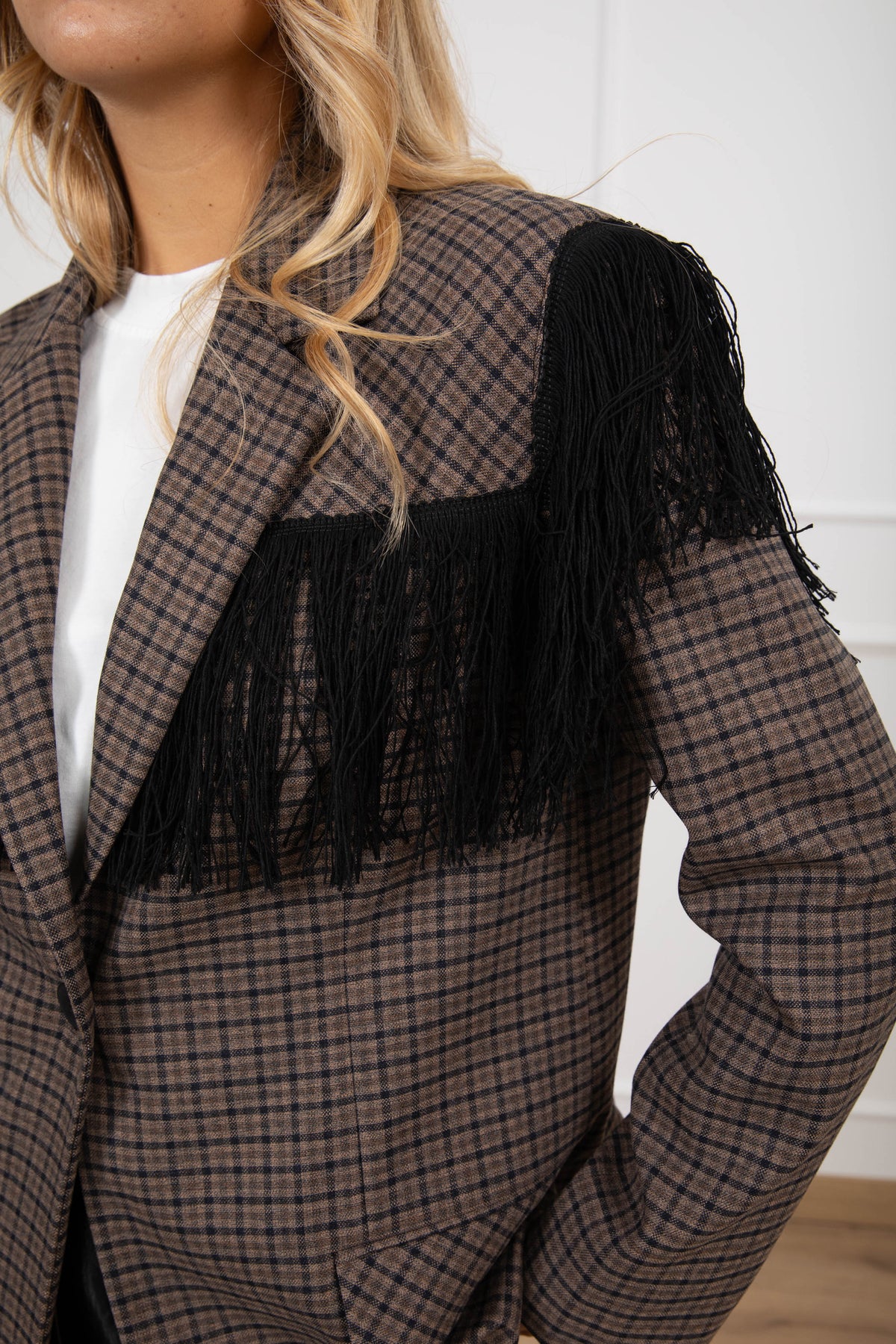 Giacca micro-check con inserto frange ViCOLO