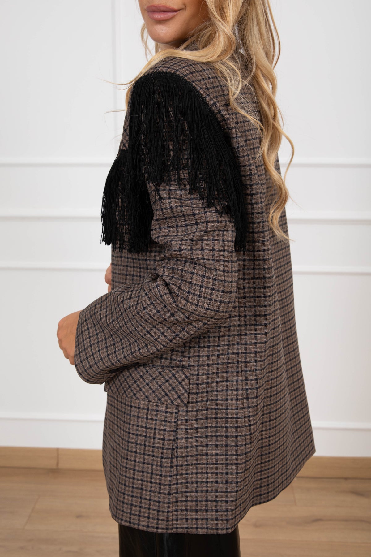 Giacca micro-check con inserto frange ViCOLO
