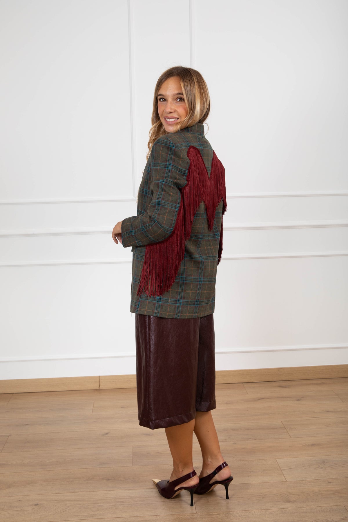 Giacca check con frange bordeaux sul retro Tensione IN