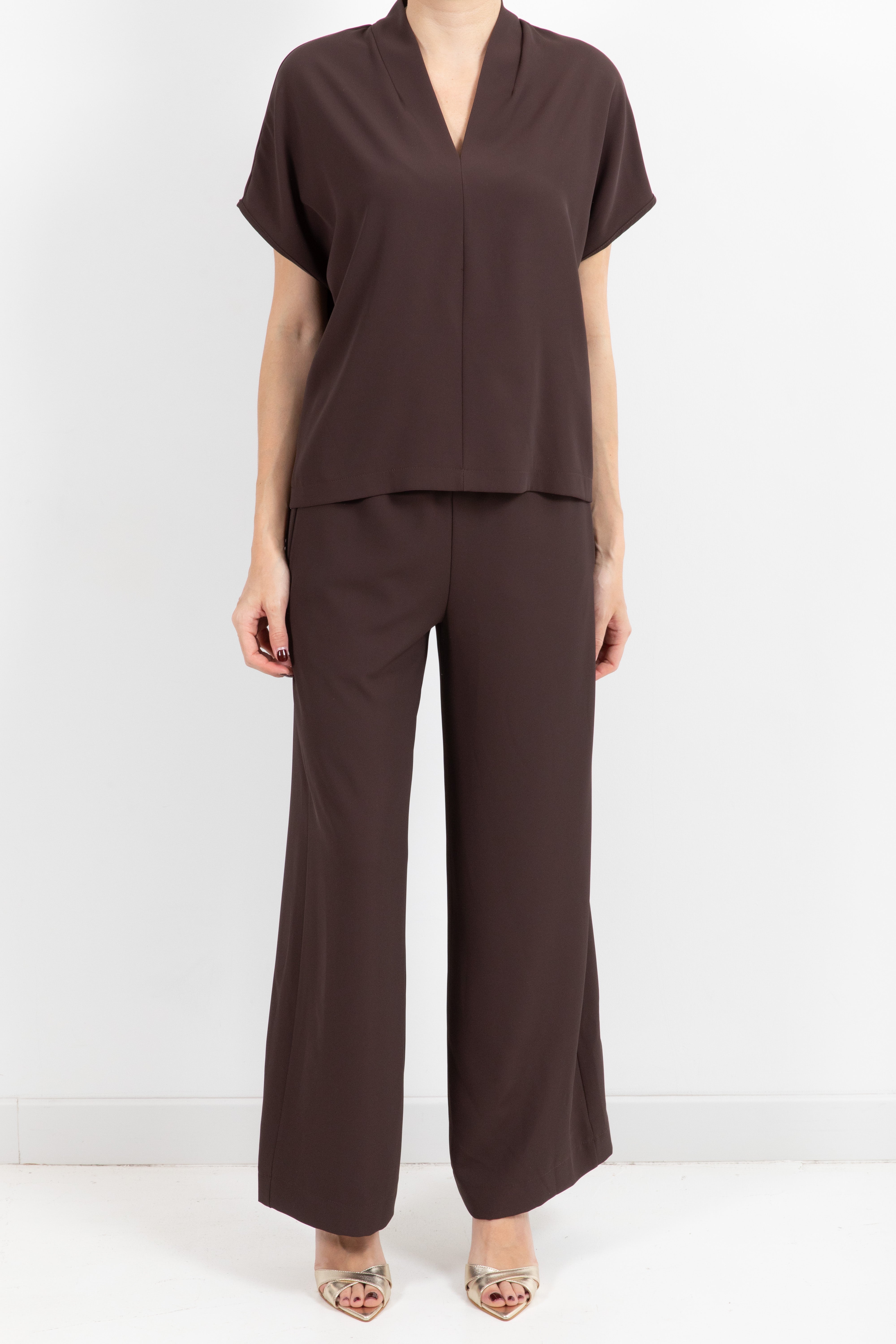 Coordinato tessuto fluido blusa scollo a "V" e pantalone gamba larga con coulisse Susy Mix
