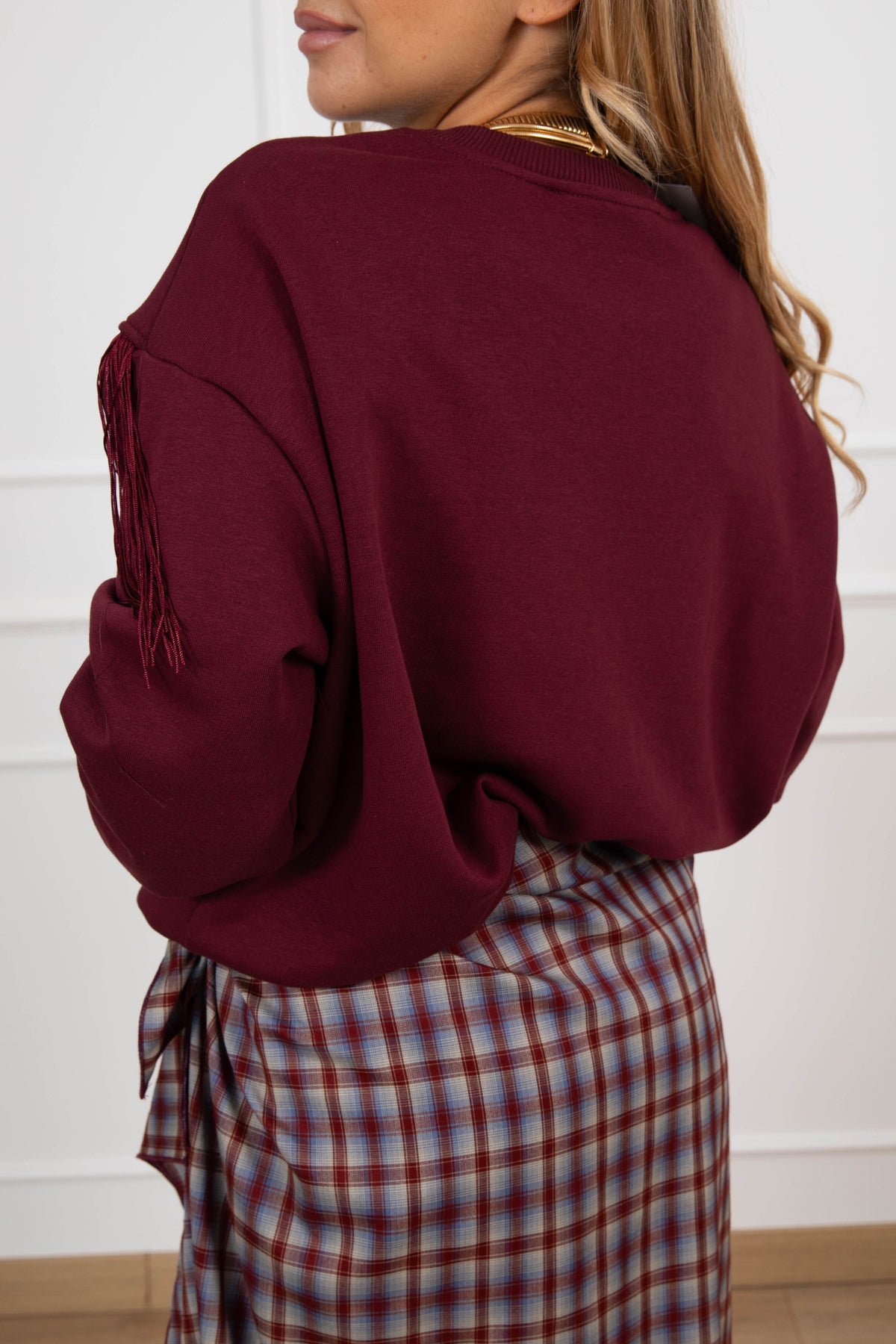 Felpa garzata con inserto frange variante bordeaux Haveone