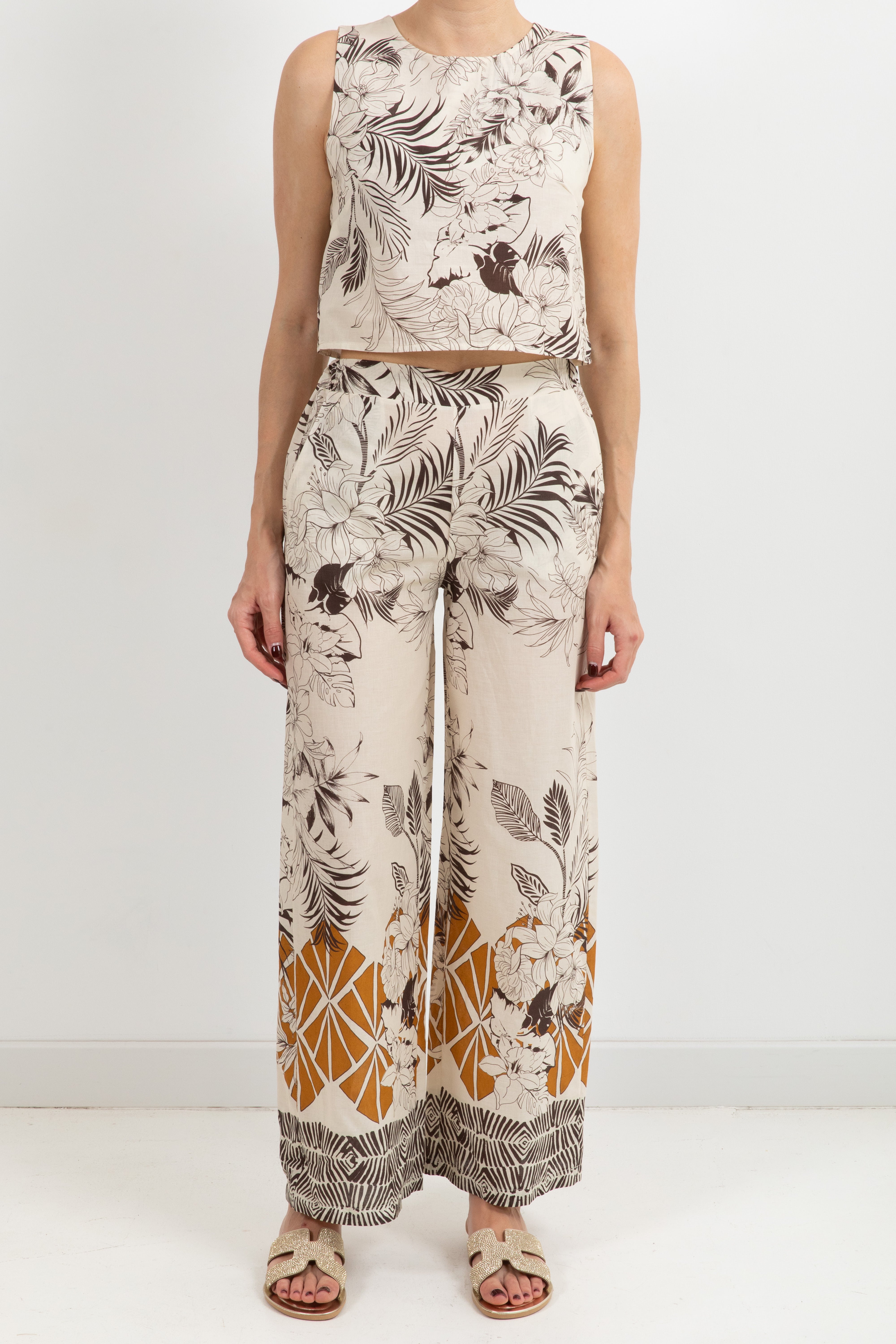 Pantalone in cotone fantasia foliage moro Susy Mix