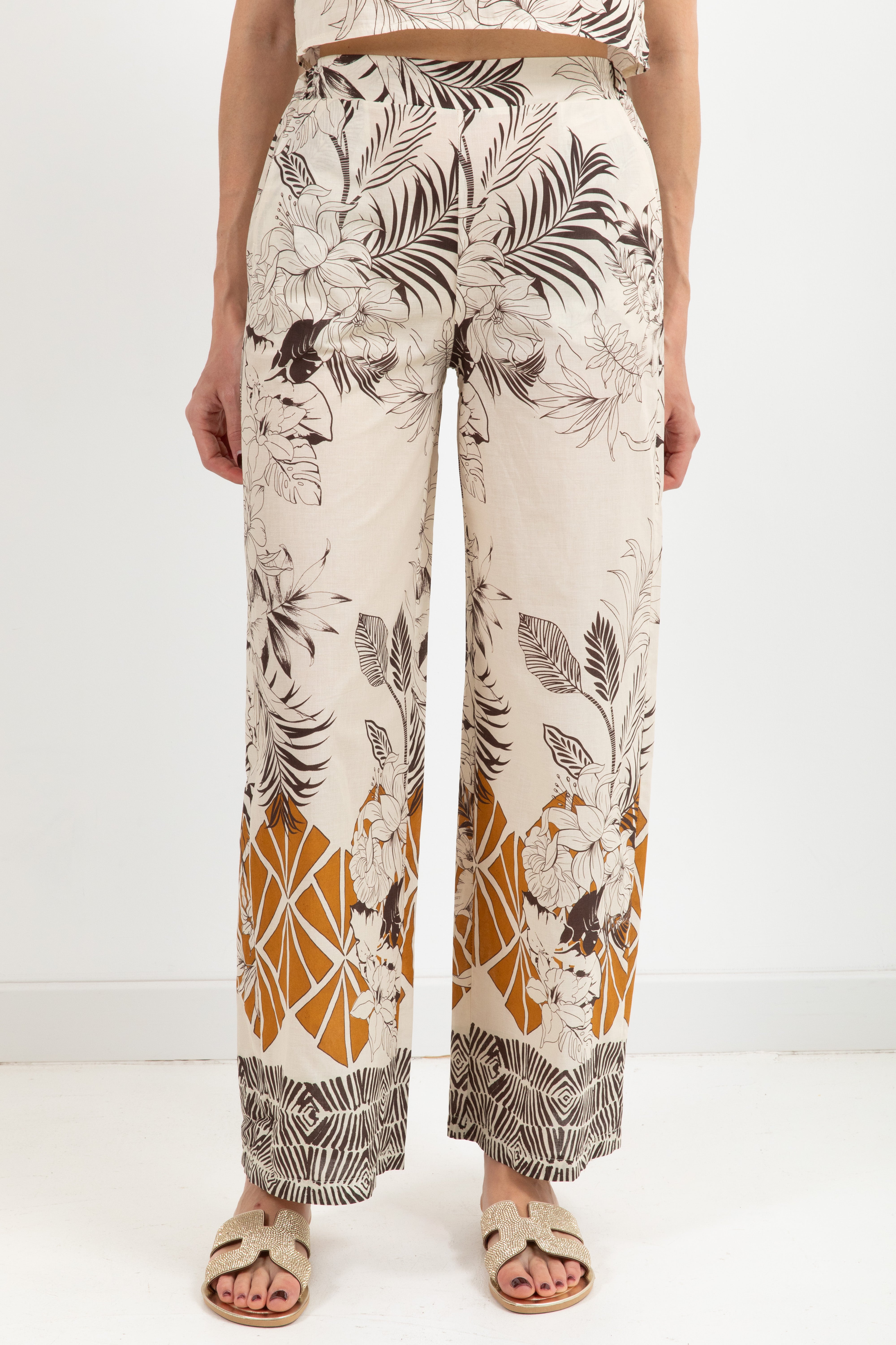Pantalone in cotone fantasia foliage moro Susy Mix