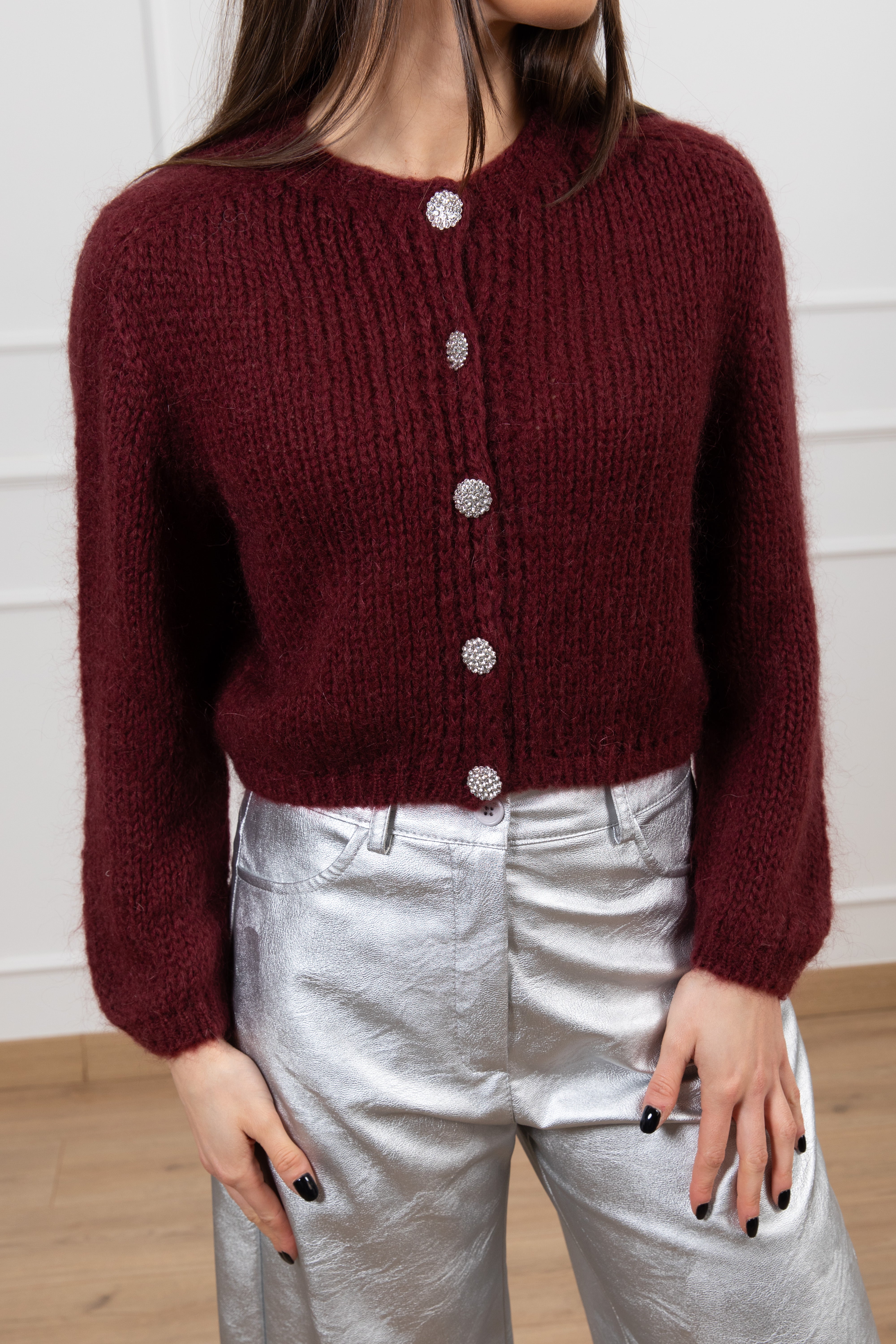 Cardigan cropped in mohair con bottoni gioiello Susy Mix