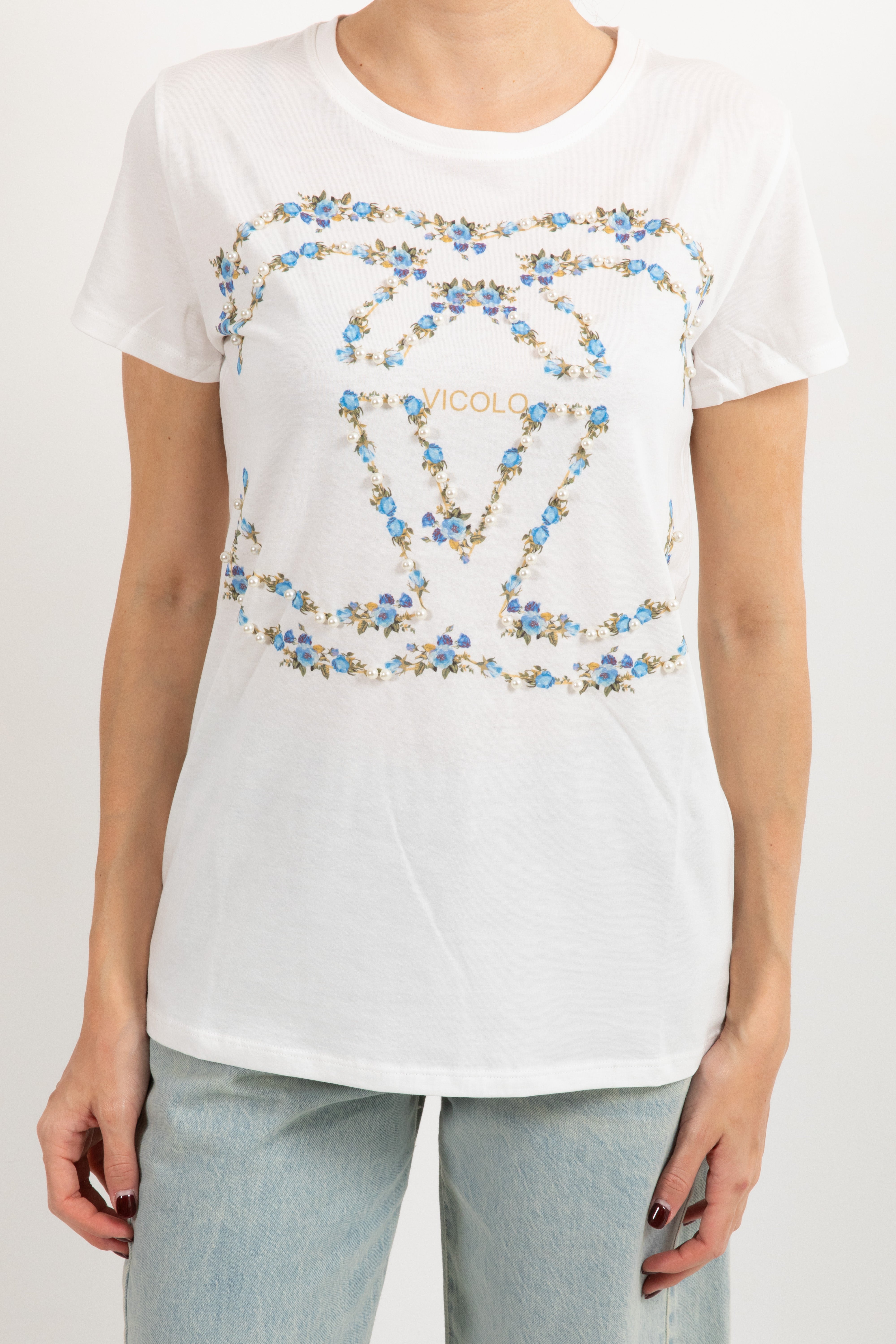 T-shirt logo incrociato flowers con perle ViCOLO