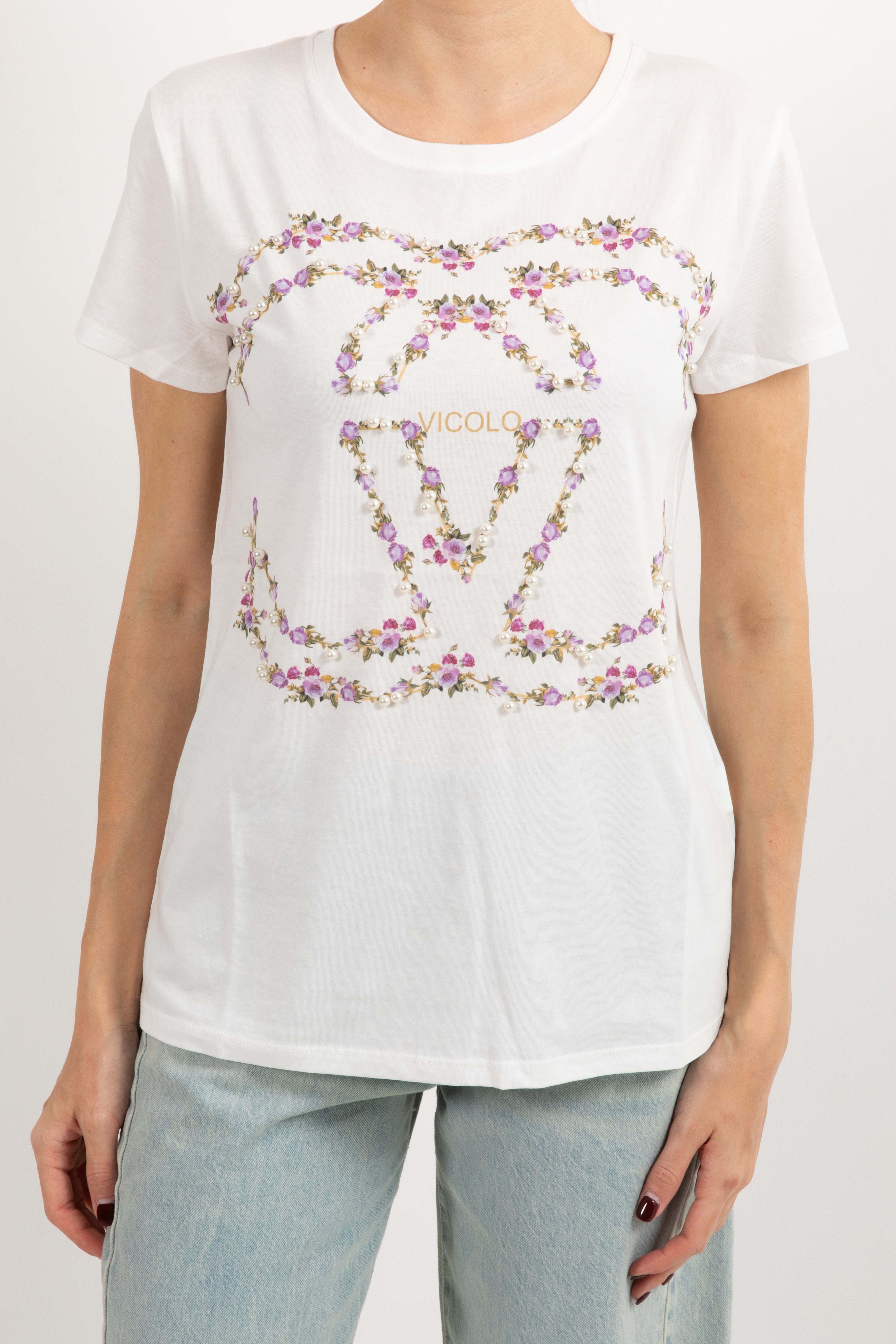 T-shirt logo incrociato flowers con perle ViCOLO