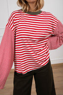T-shirt manica svasata a righe con collo a contrasto Haveone