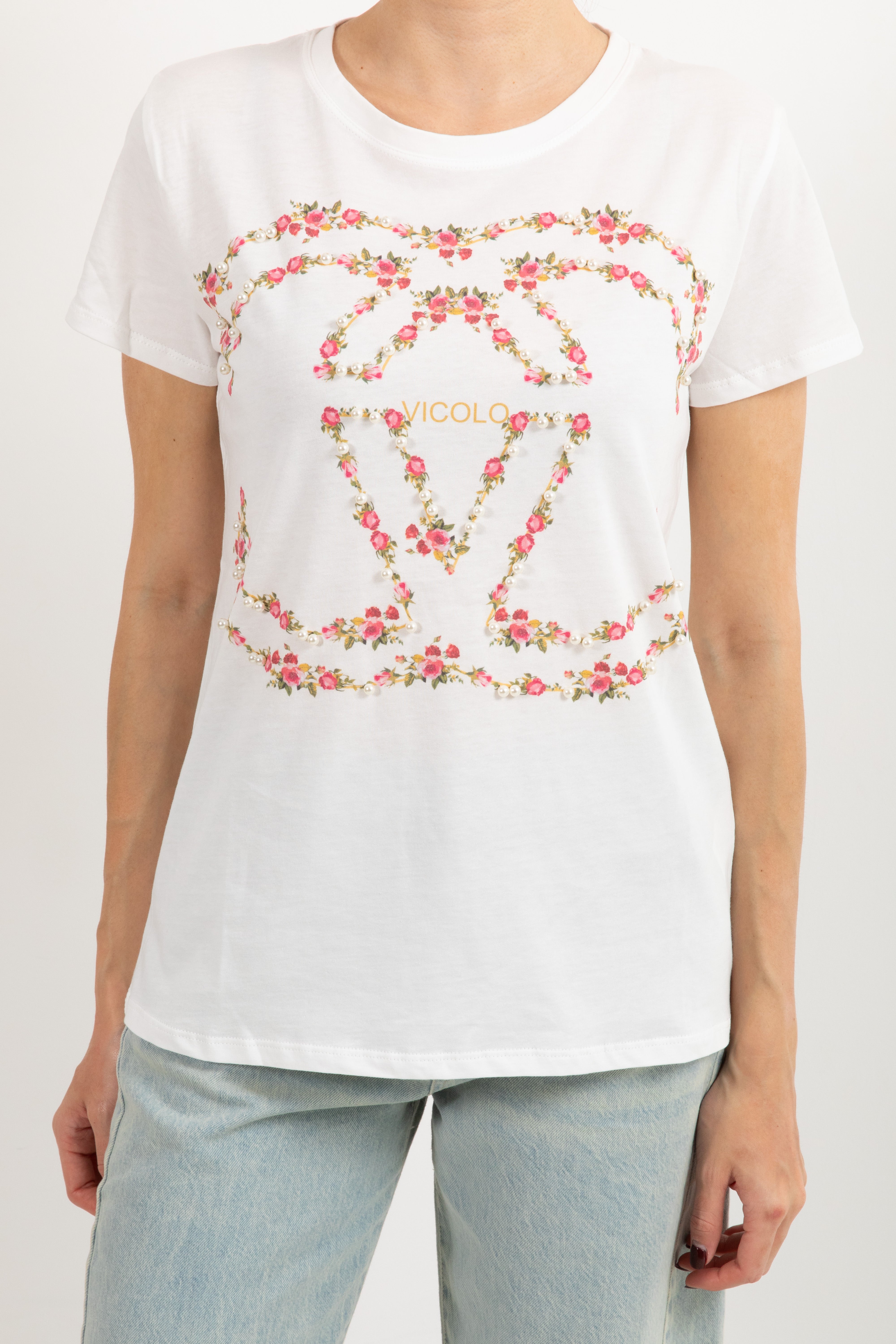T-shirt logo incrociato flowers con perle ViCOLO