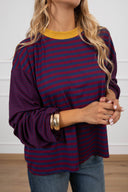 T-shirt manica svasata a righe con collo a contrasto Haveone