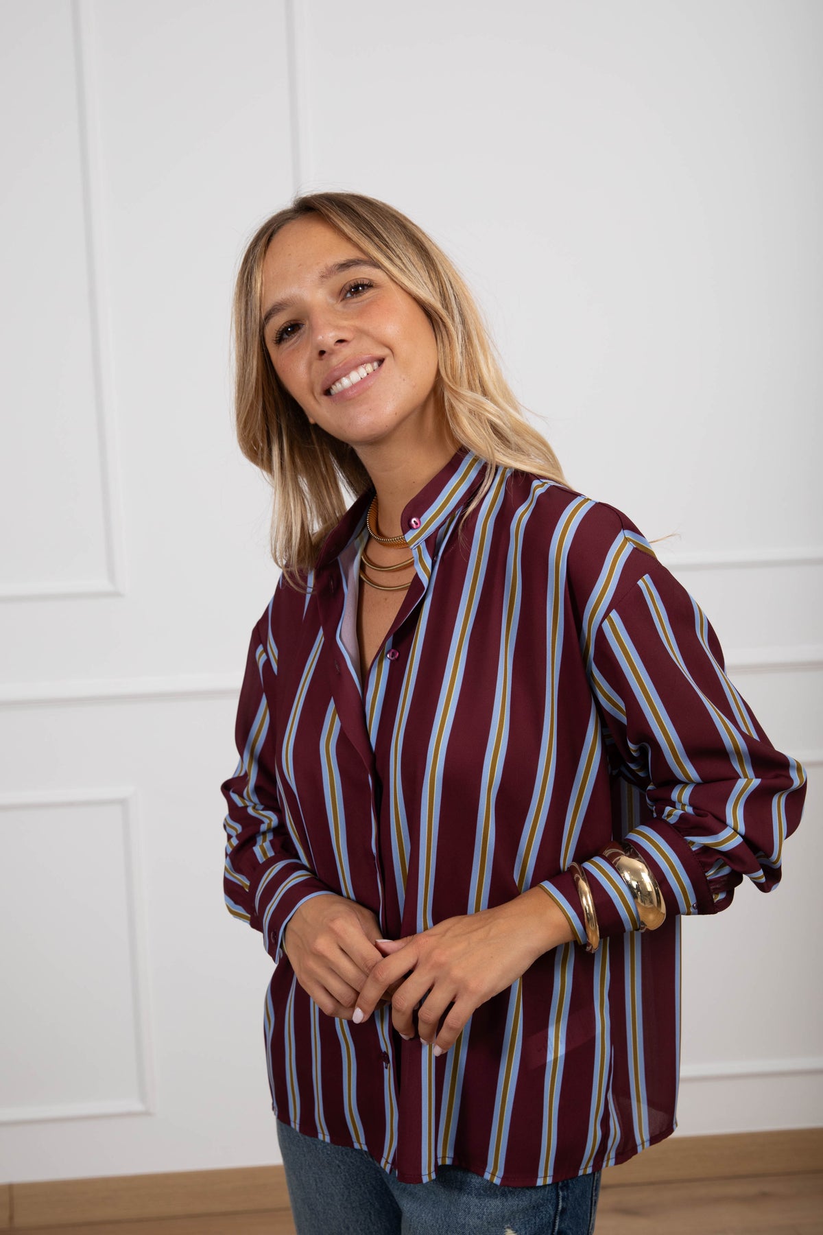 Camicia a righe in tessuto fluido con collo alla coreana Susy Mix
