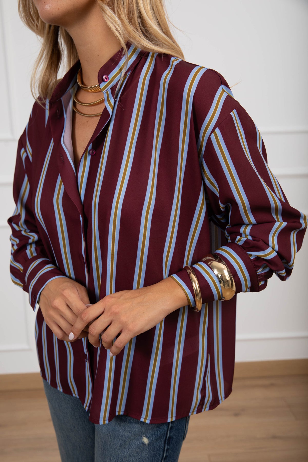 Camicia a righe in tessuto fluido con collo alla coreana Susy Mix