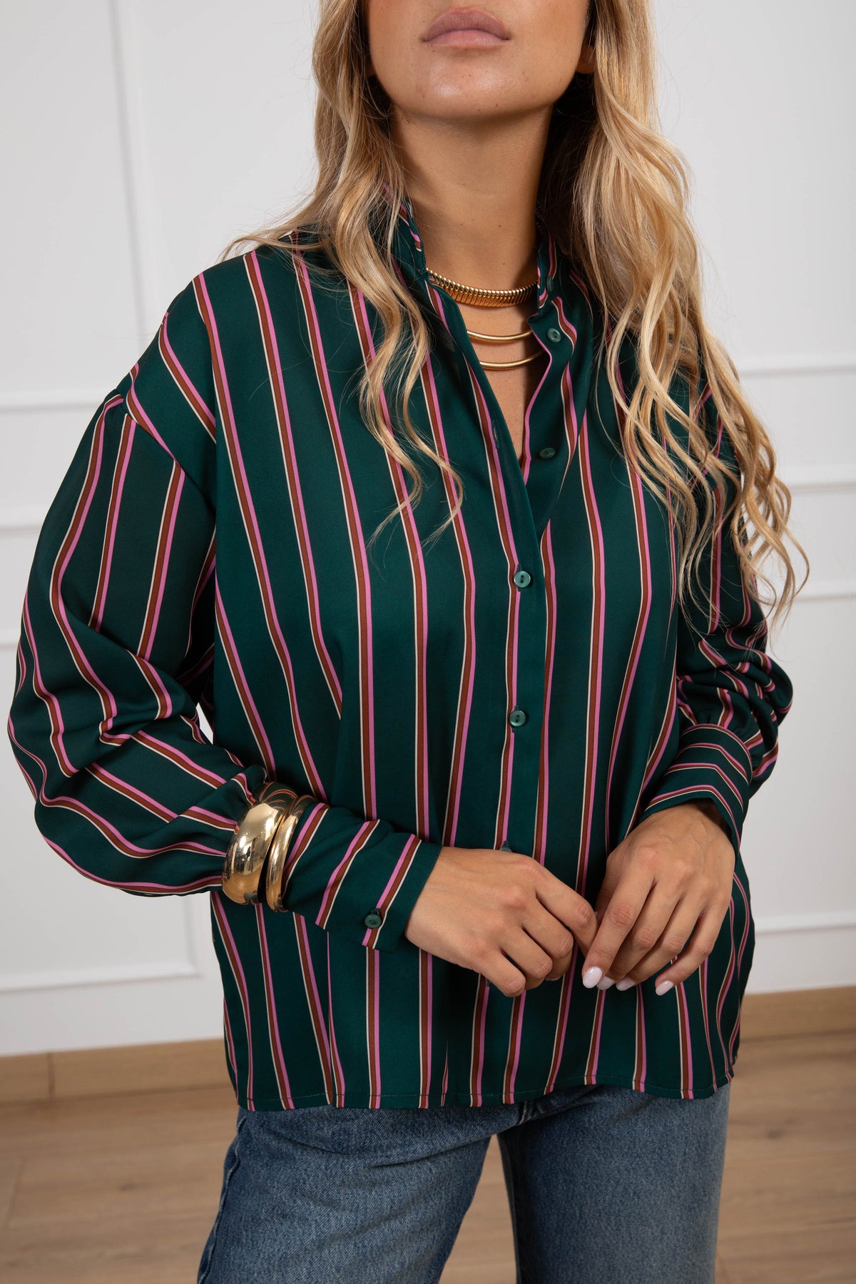 Camicia a righe in tessuto fluido con collo alla coreana Susy Mix