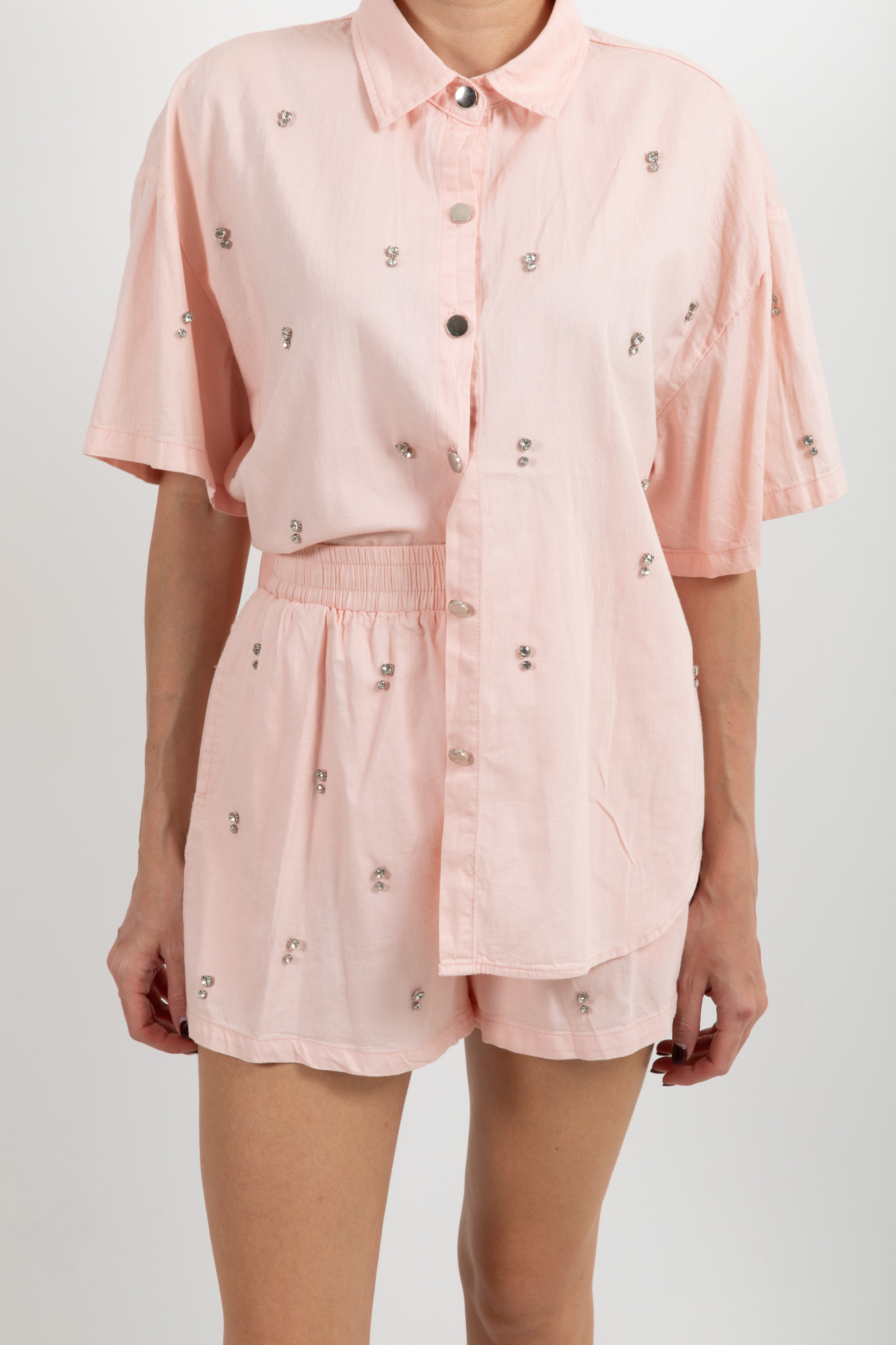 Coordinato in cotone camicia manica corta e shorts con strass Susy Mix