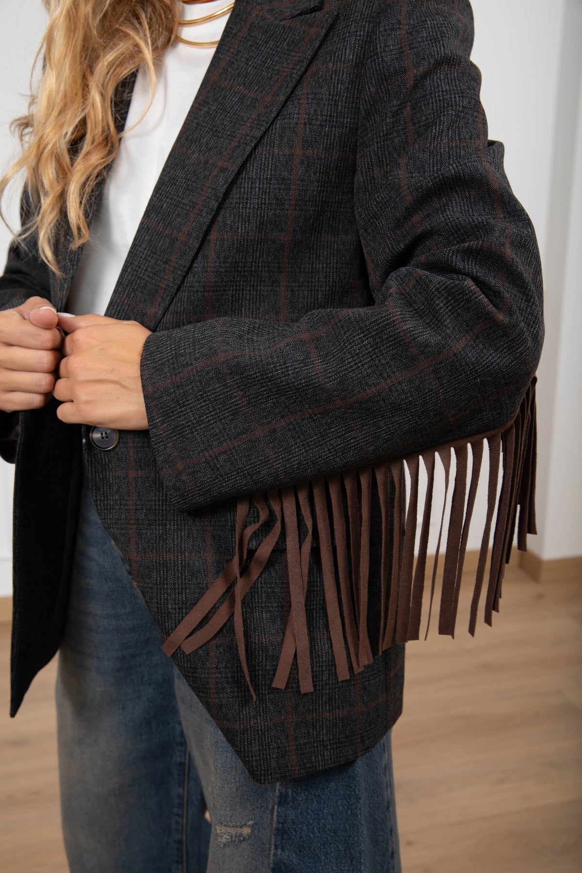 Giacca check con frange in eco-camoscio ViCOLO