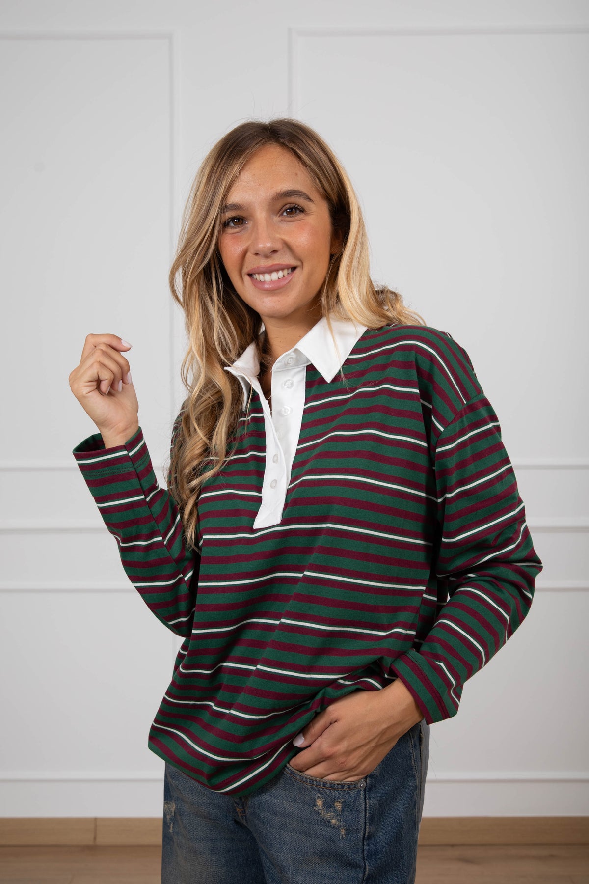 Polo a righe variante bordeaux/verde/panna Haveone
