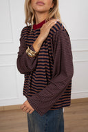 T-shirt manica svasata a righe con collo a contrasto Haveone