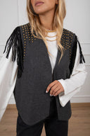 Gilet misto lana con borchie e frange variante antracite ViCOLO