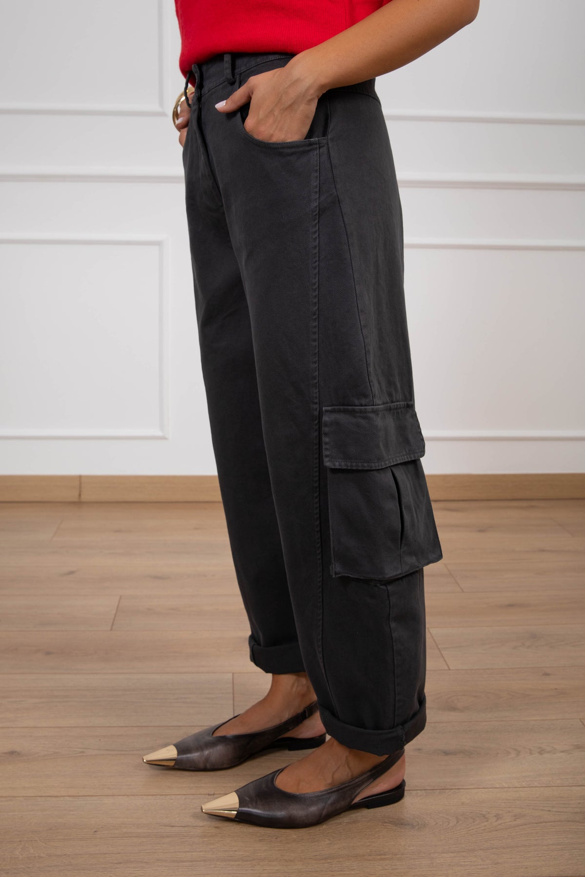 Jeans cargo egg-fit con elastico sul retro variante piombo Susy Mix