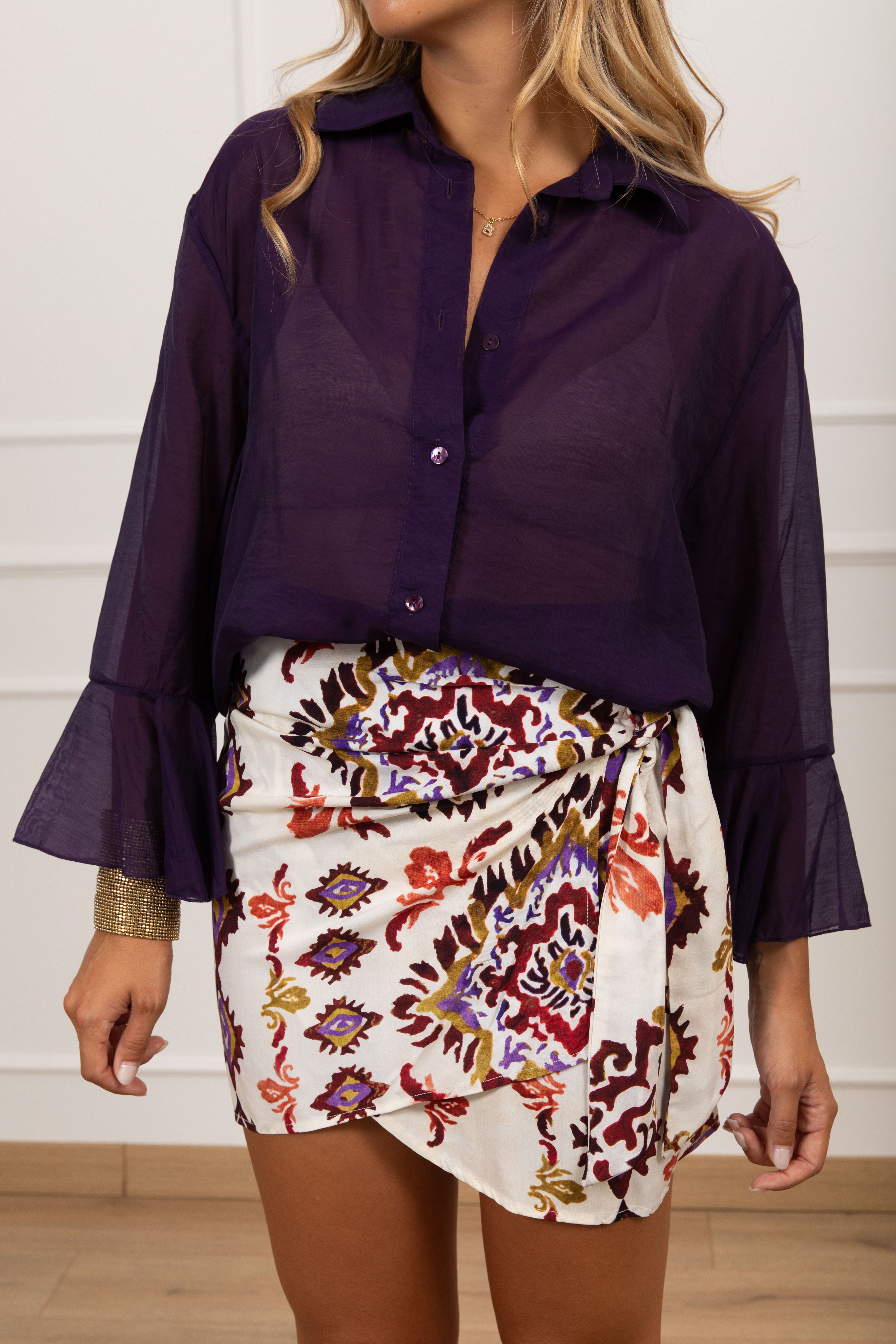 Coordinato camicia e gonna corta pareo fantasia ikat ViCOLO