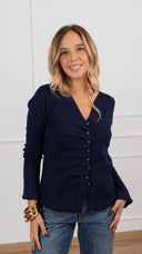 Cardigan scollo a “V” con arricciatura variante blu Haveone