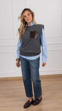 Gilet in lana con tasca in eco-pelle intrecciata variante grigio Haveone