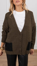 Cardigan con tasche in eco-pelle intrecciata variante militare Haveone