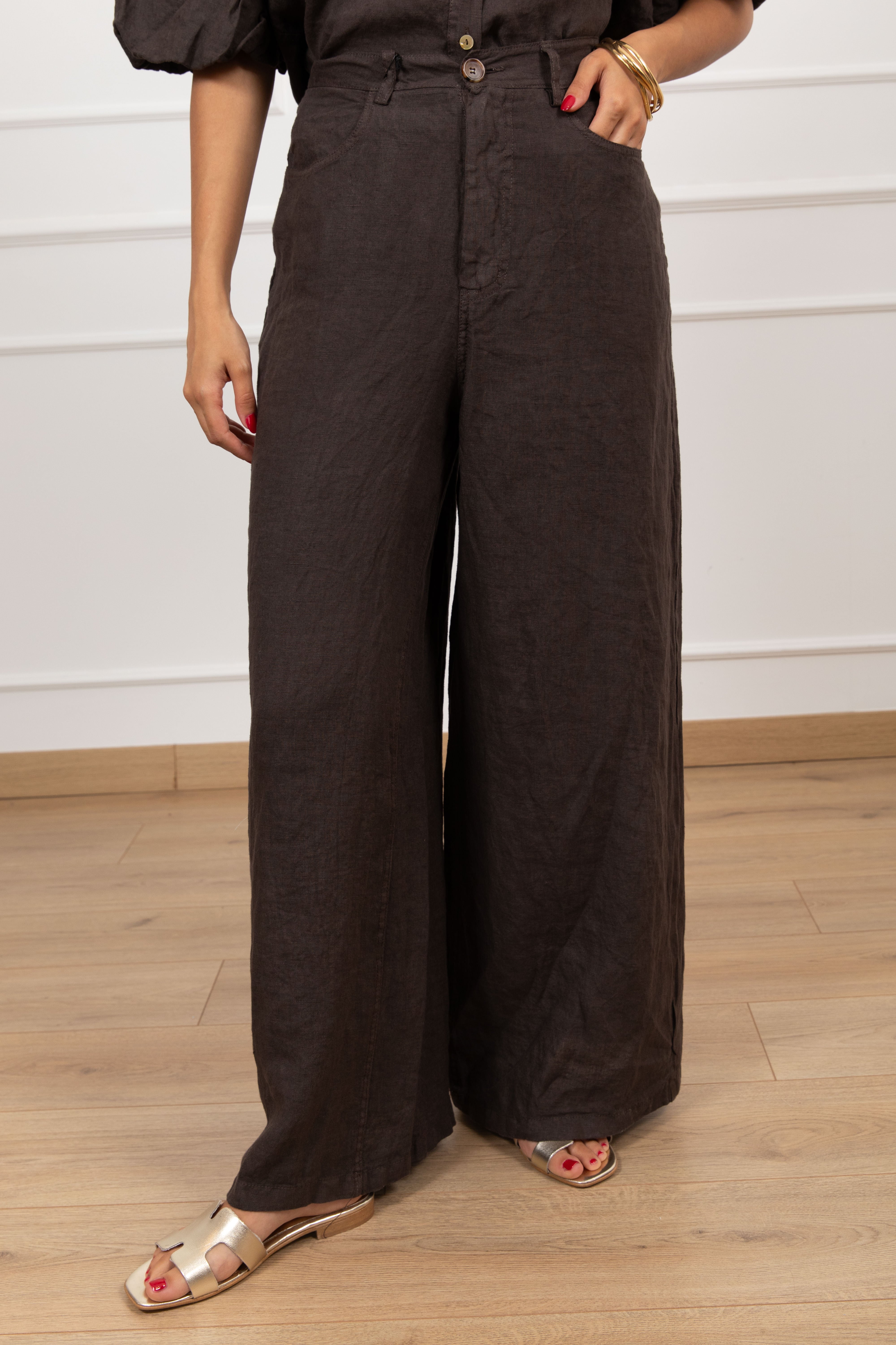 Pantalone gamba larga 5 tasche 100% lino Tensione IN