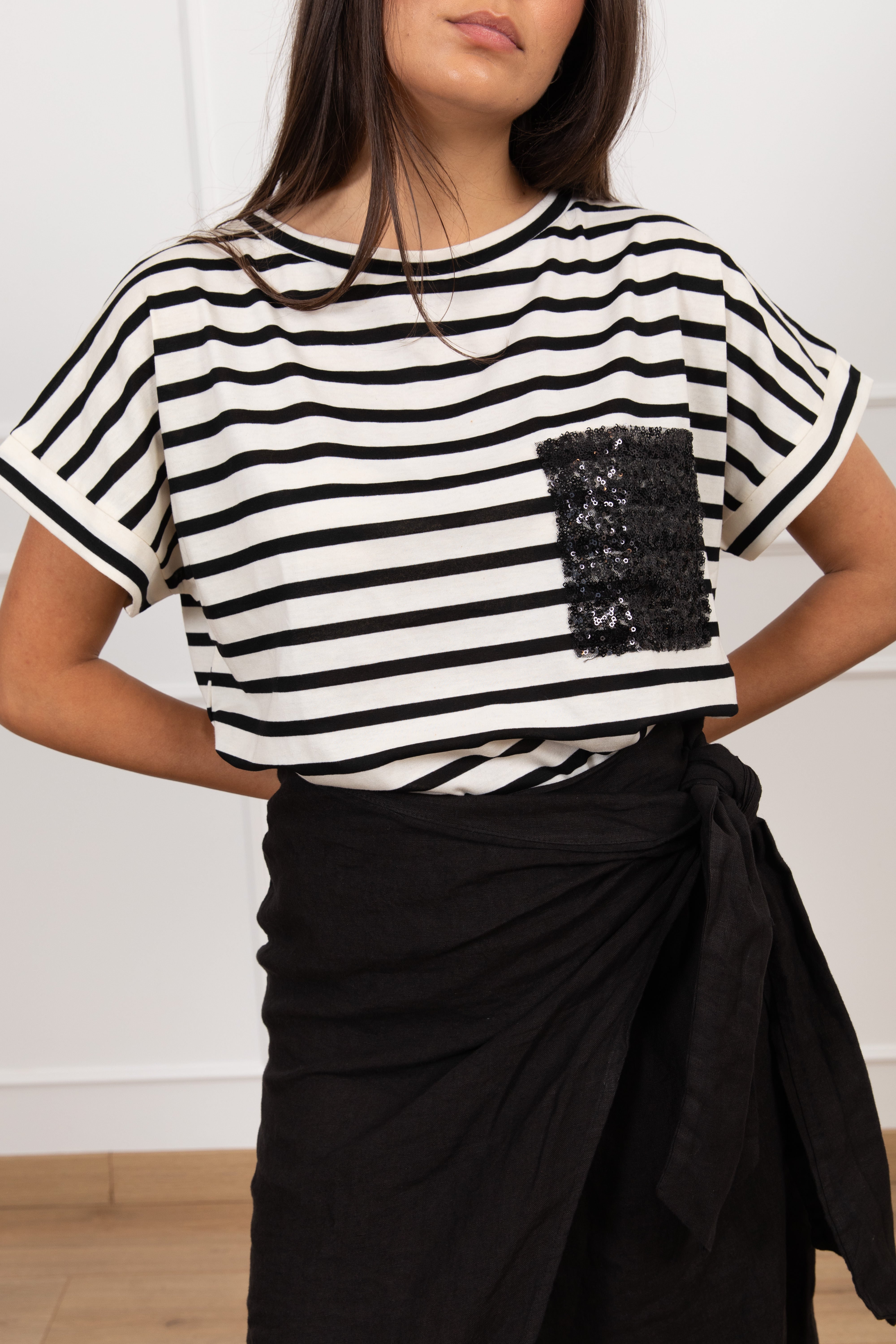 T-shirt a righe con tasca paillettes Susy Mix