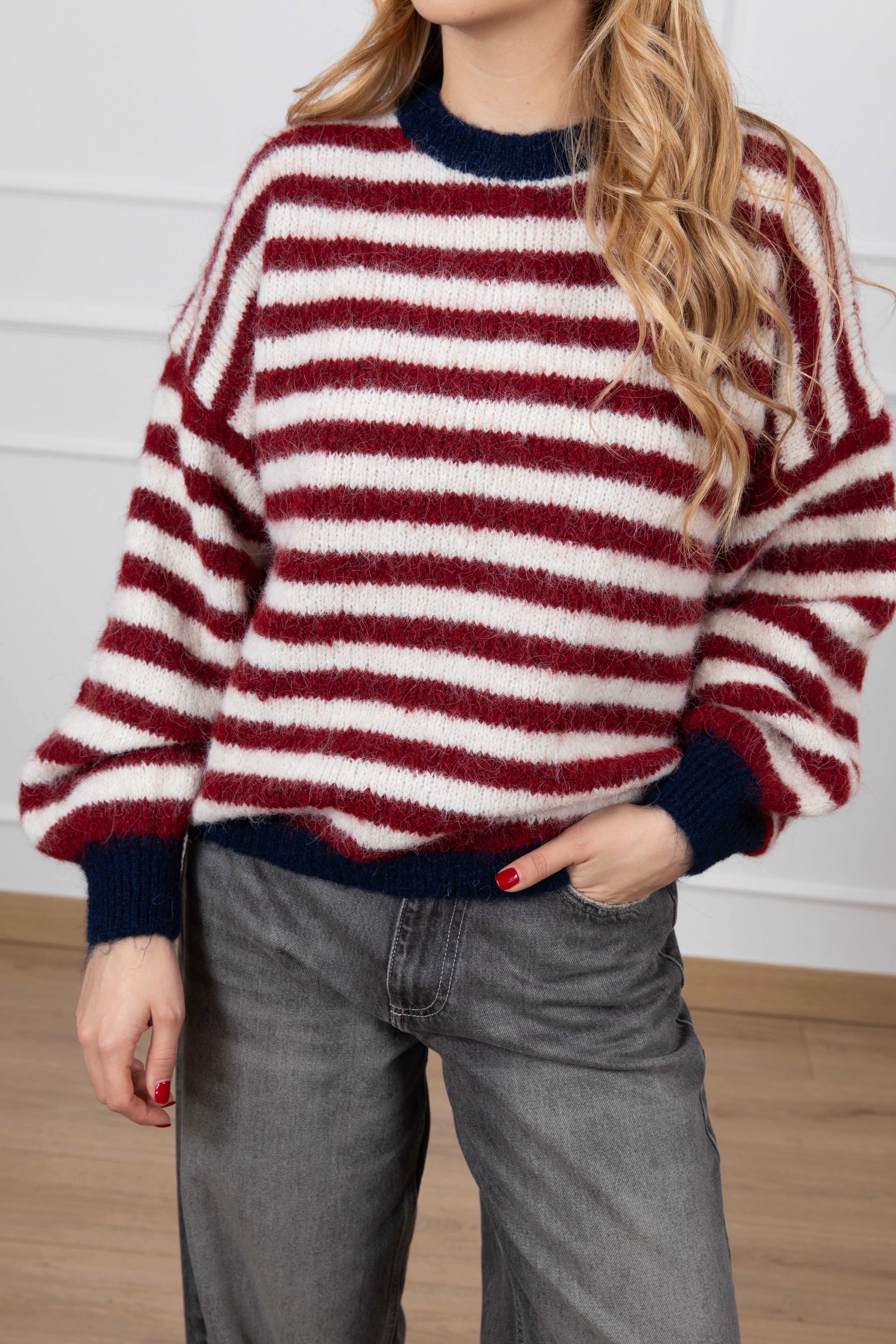 Pull girocollo in lana a righe con bordi a contrasto Susy Mix