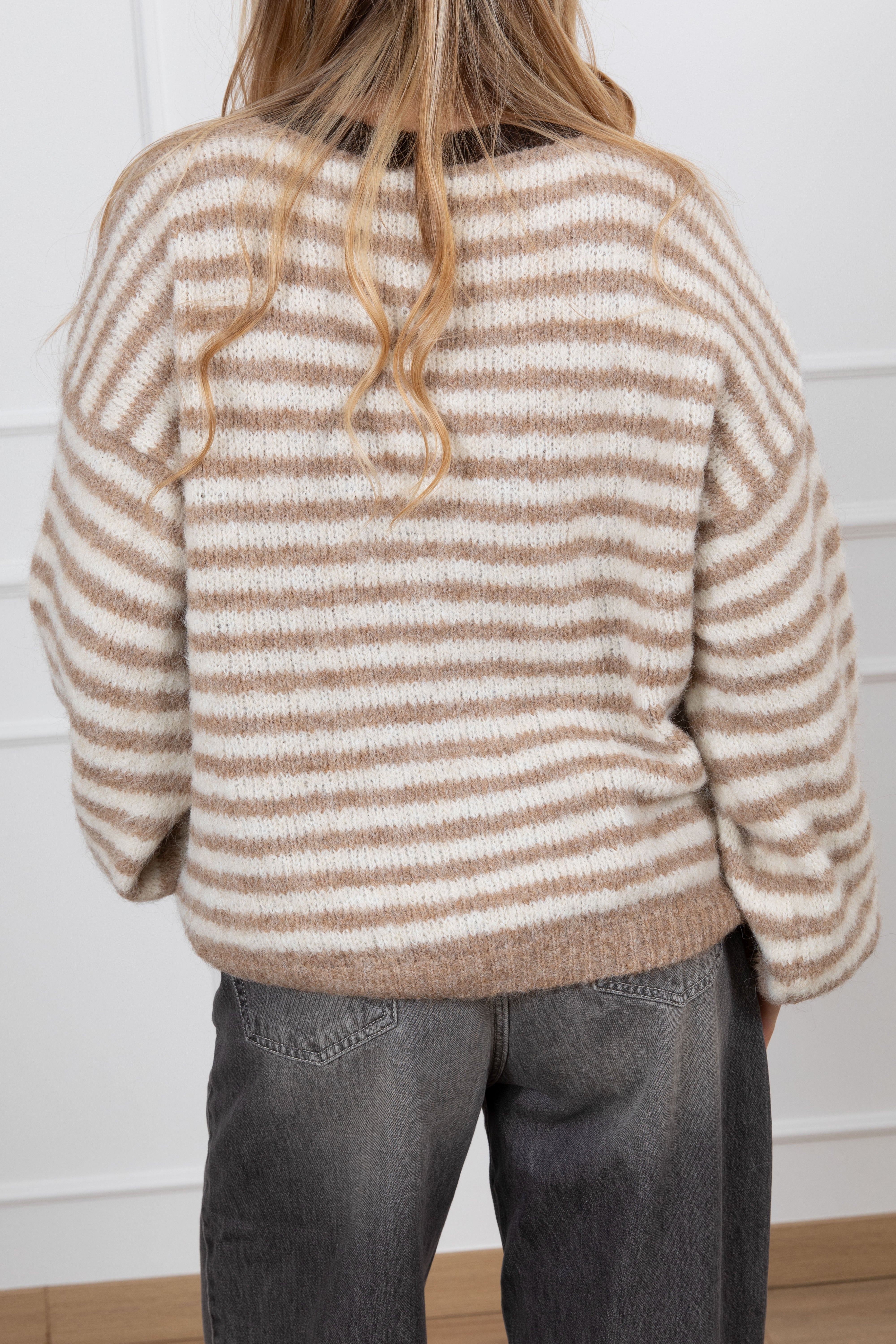 Cardigan girocollo in lana a righe con bordi a contrasto Susy Mix