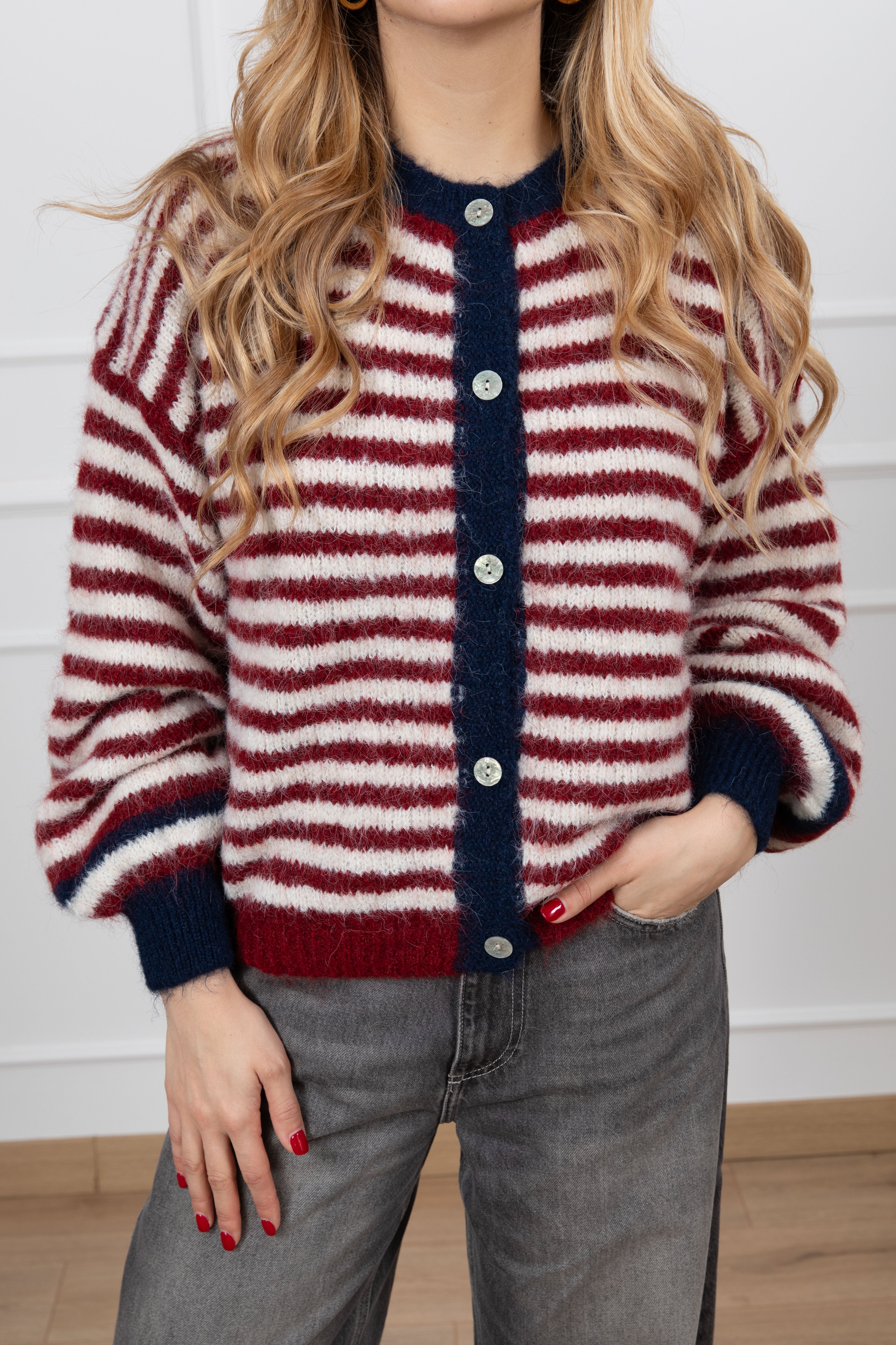 Cardigan girocollo in lana a righe con bordi a contrasto Susy Mix