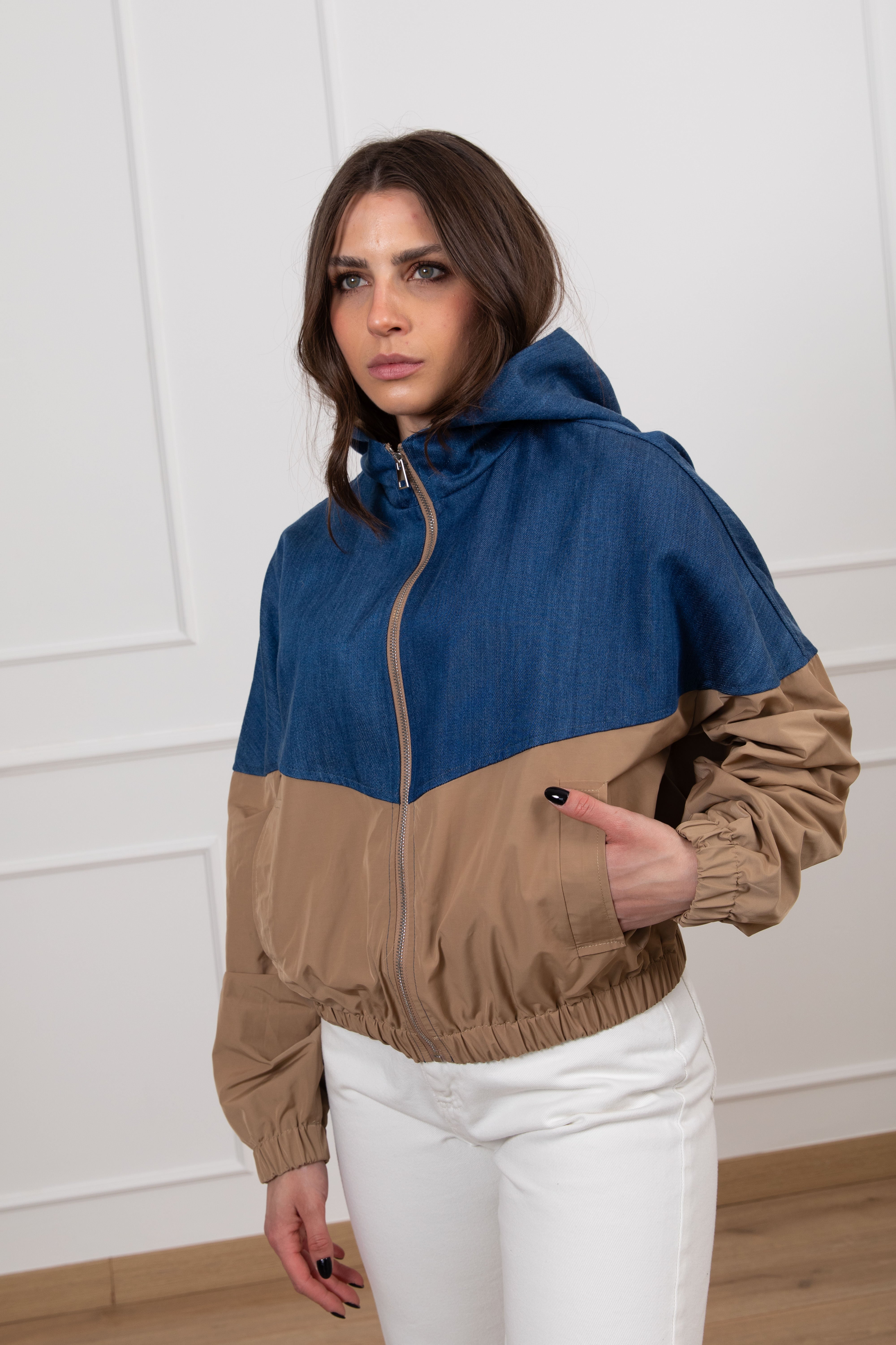 Bomber bi-materico in jeans e nylon Dixie