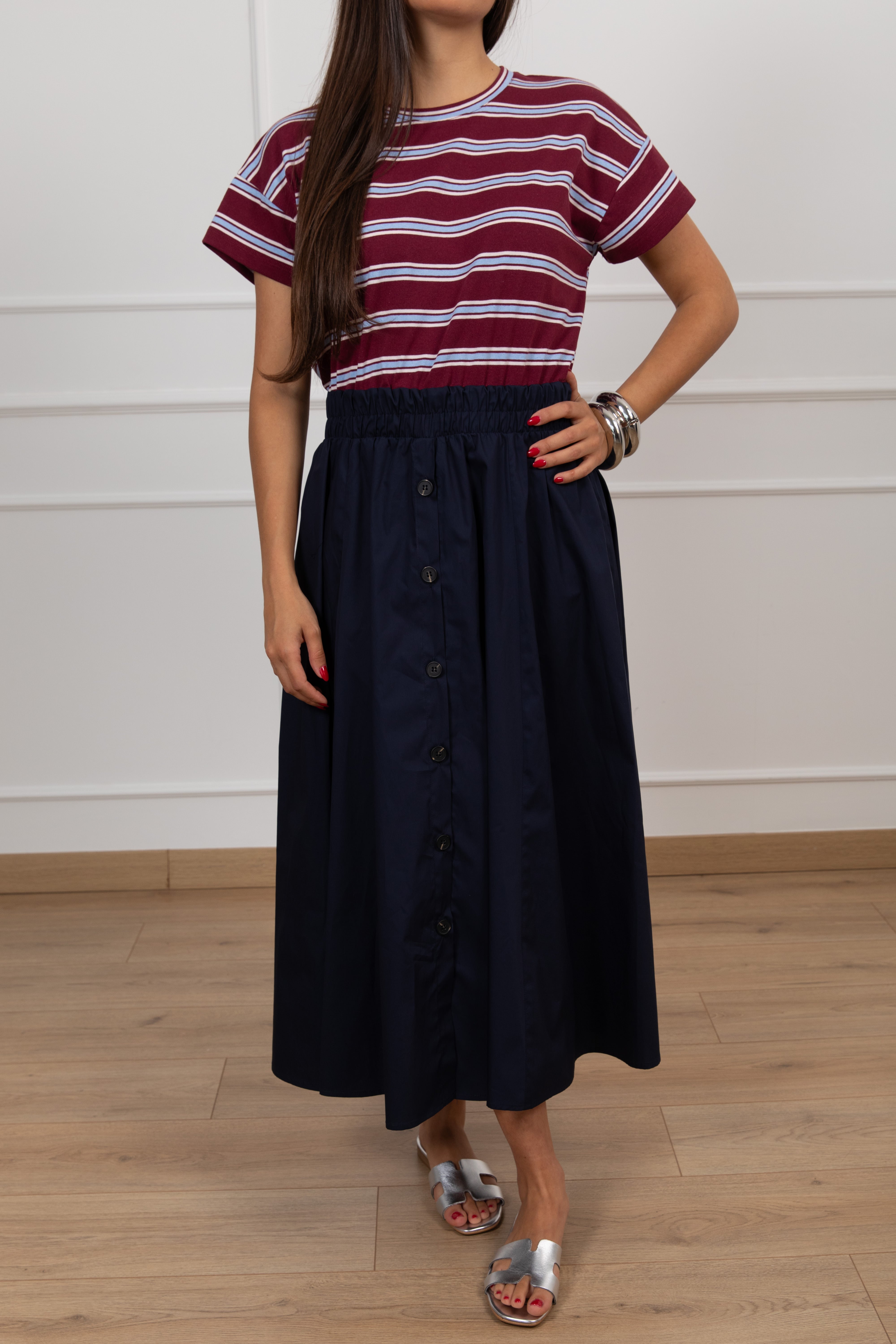 Abito bi-materico con t-shirt riga stretta e gonna bottoni Tensione IN