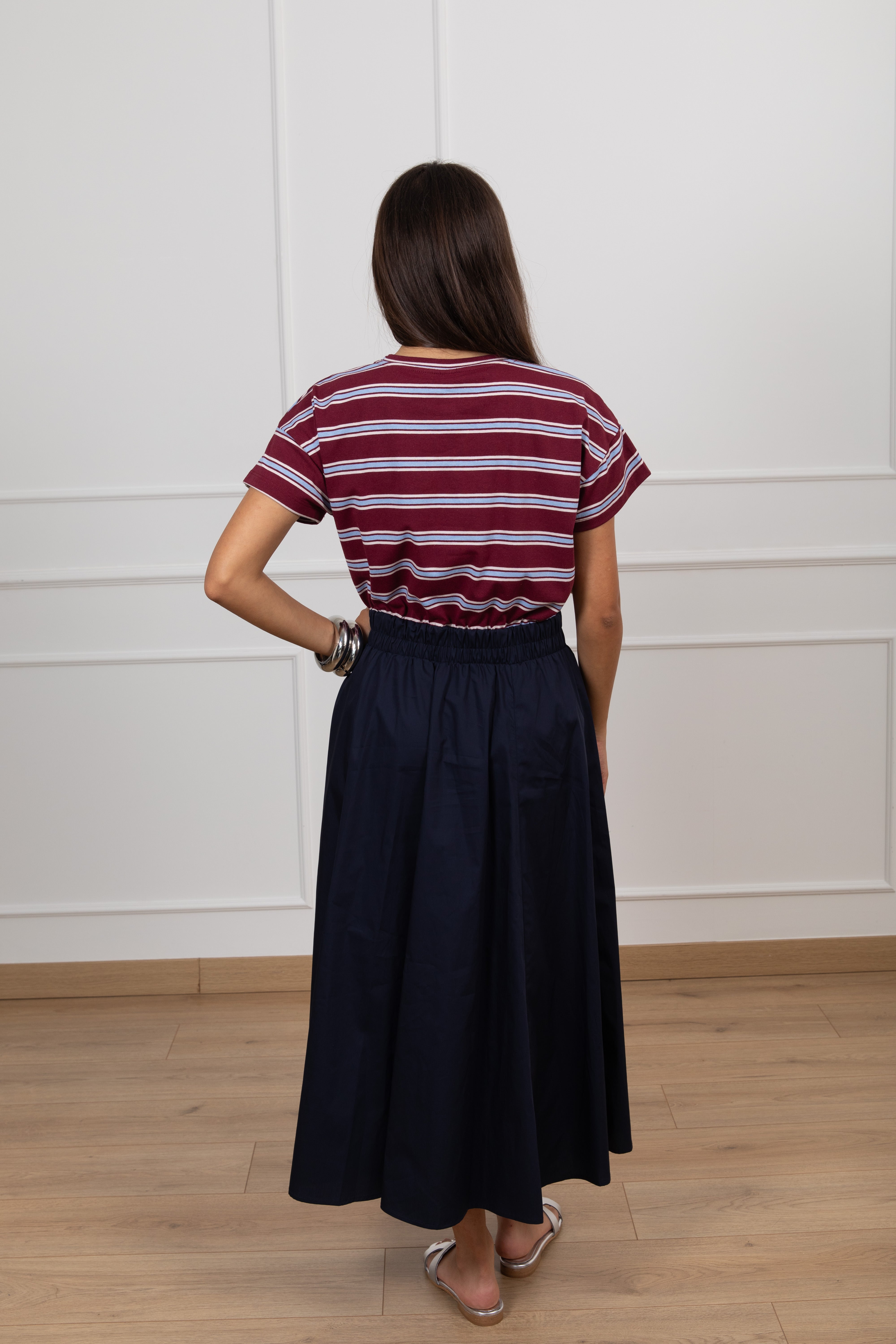 Abito bi-materico con t-shirt riga stretta e gonna bottoni Tensione IN