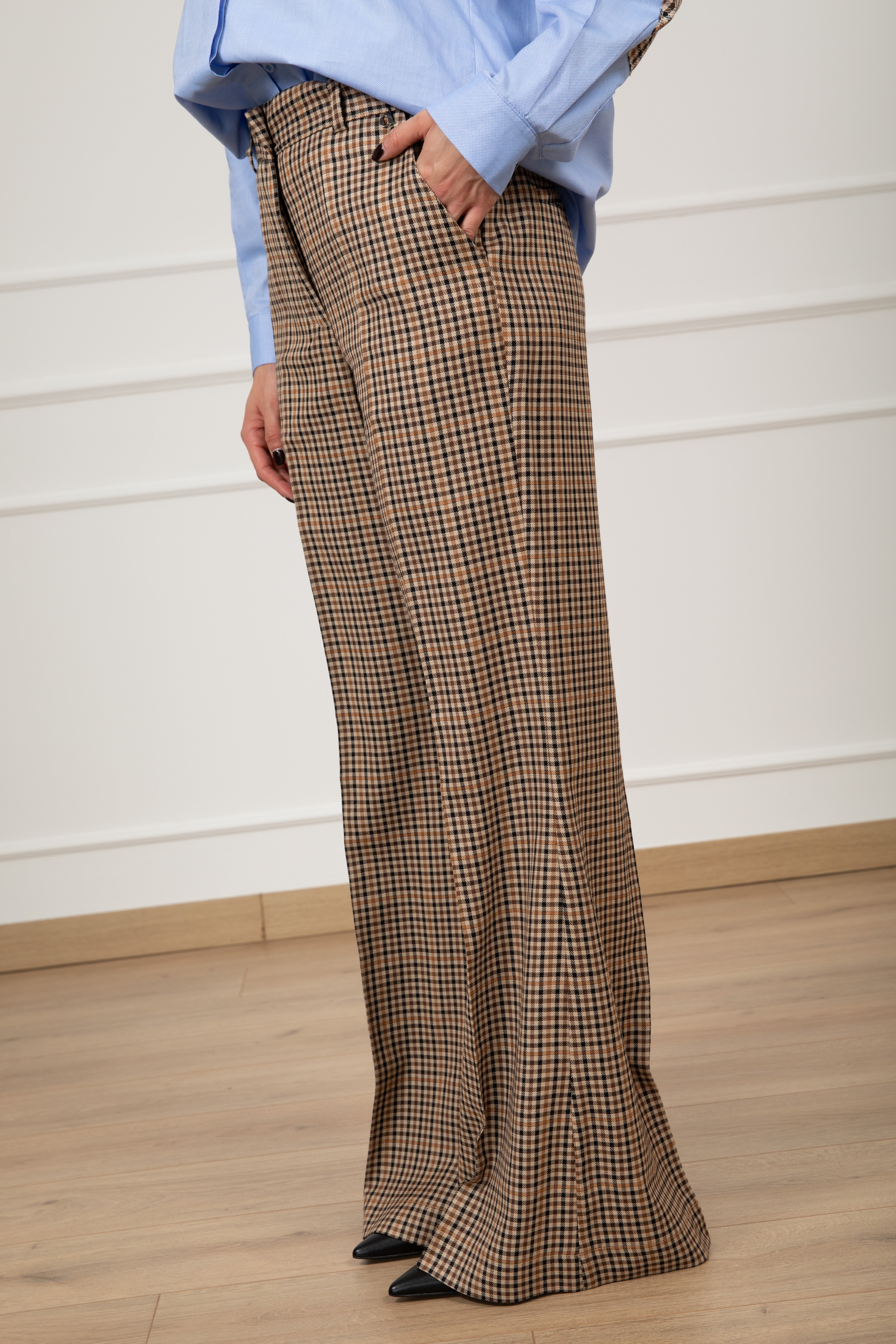 Pantalone gamba dritta pied de poule cammello Dixie