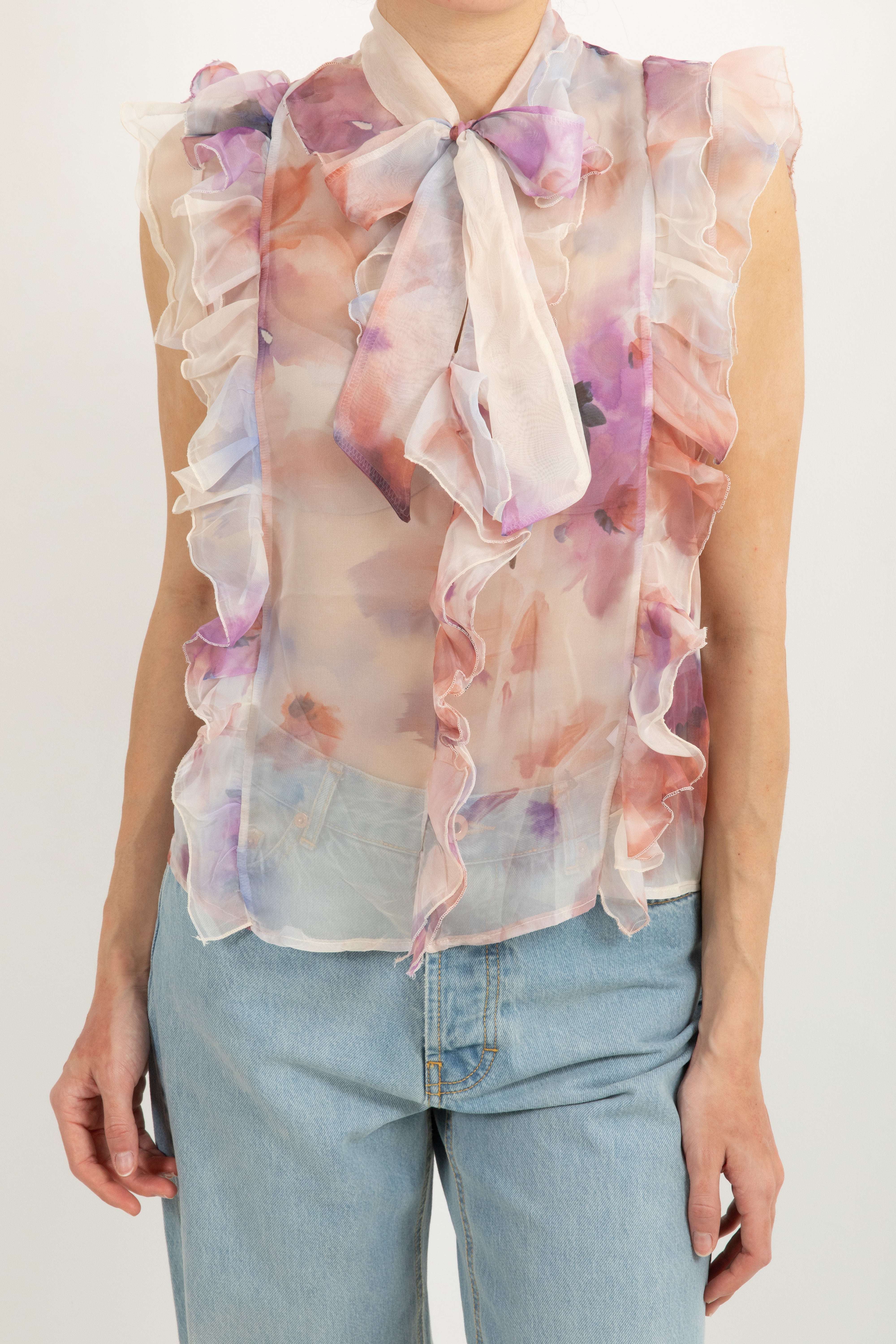 Blusa smanicata fantasia flowers con rouches e fiocco Susy Mix