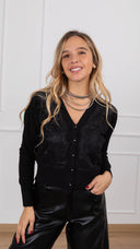 Cardigan scollo a "V" con inserto pizzo variante nero Haveone