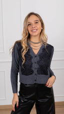 Cardigan scollo a "V" con inserto pizzo variante antracite Haveone