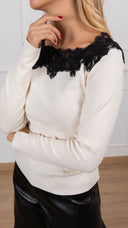 Maglia scollo a barchetta con inserti pizzo variante panna Haveone
