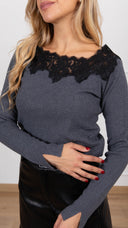 Maglia scollo a barchetta con inserti pizzo variante antracite Haveone