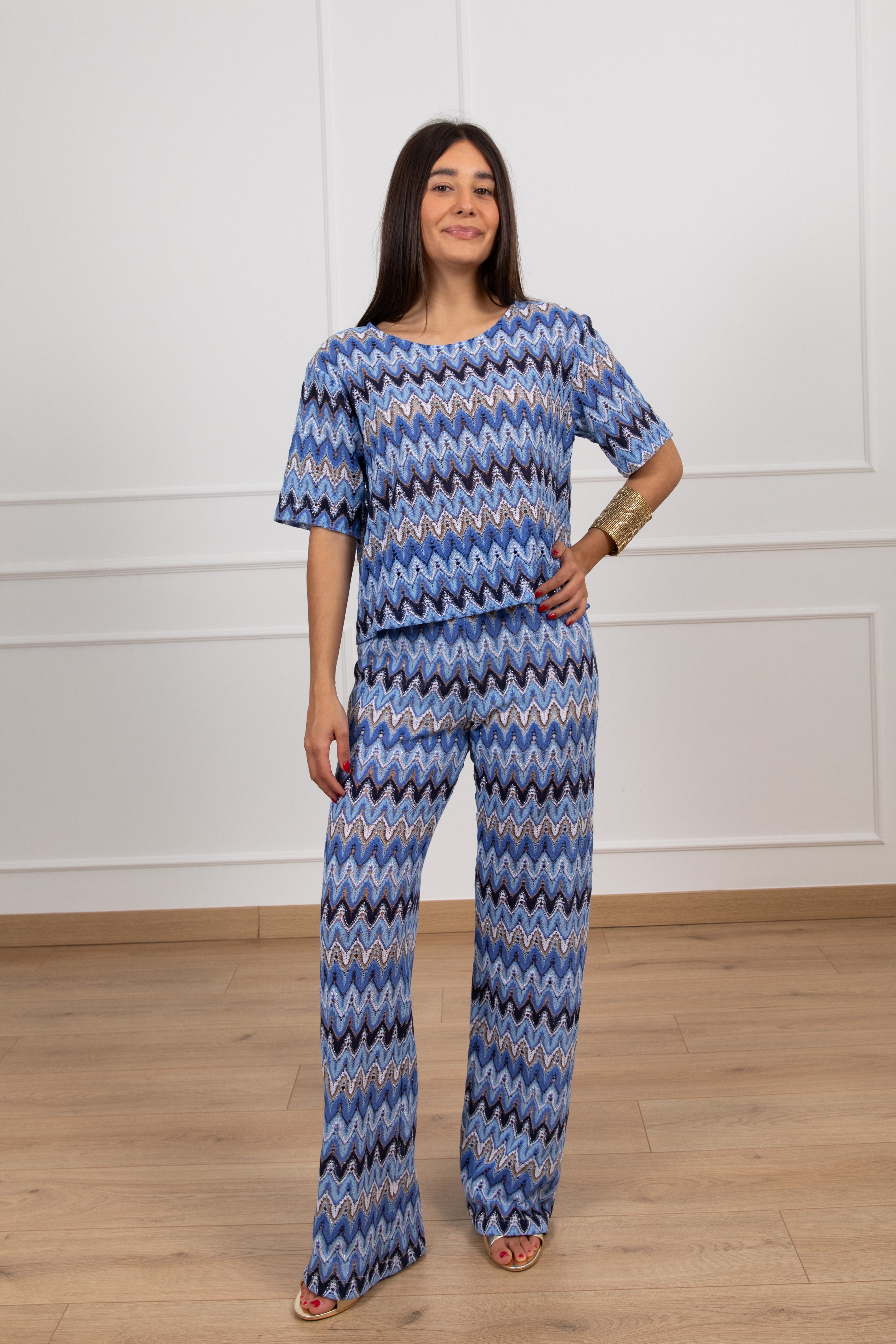 Pantalone motivo zig-zag celeste con filo lurex ViCOLO