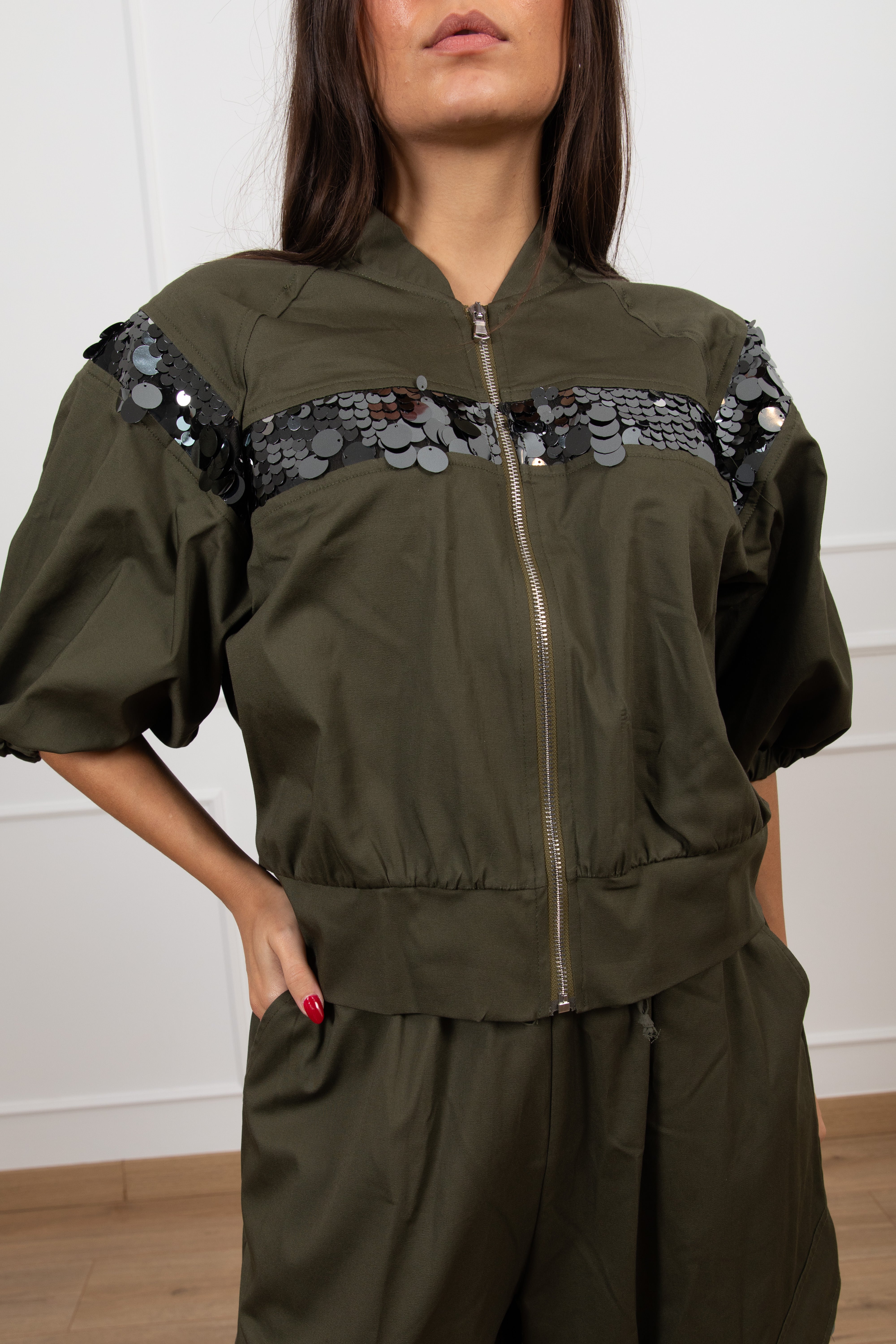 Bomber in cotone con banda paillettes Motel