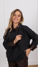 Maglia con colletto e polsini in eco-pelle intrecciata variante antracite Motel
