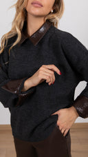 Maglia con colletto e polsini in eco-pelle intrecciata variante antracite Motel