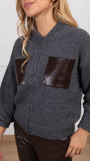 Bomber in maglia con tasche in eco-pelle intrecciata variante grigio Haveone