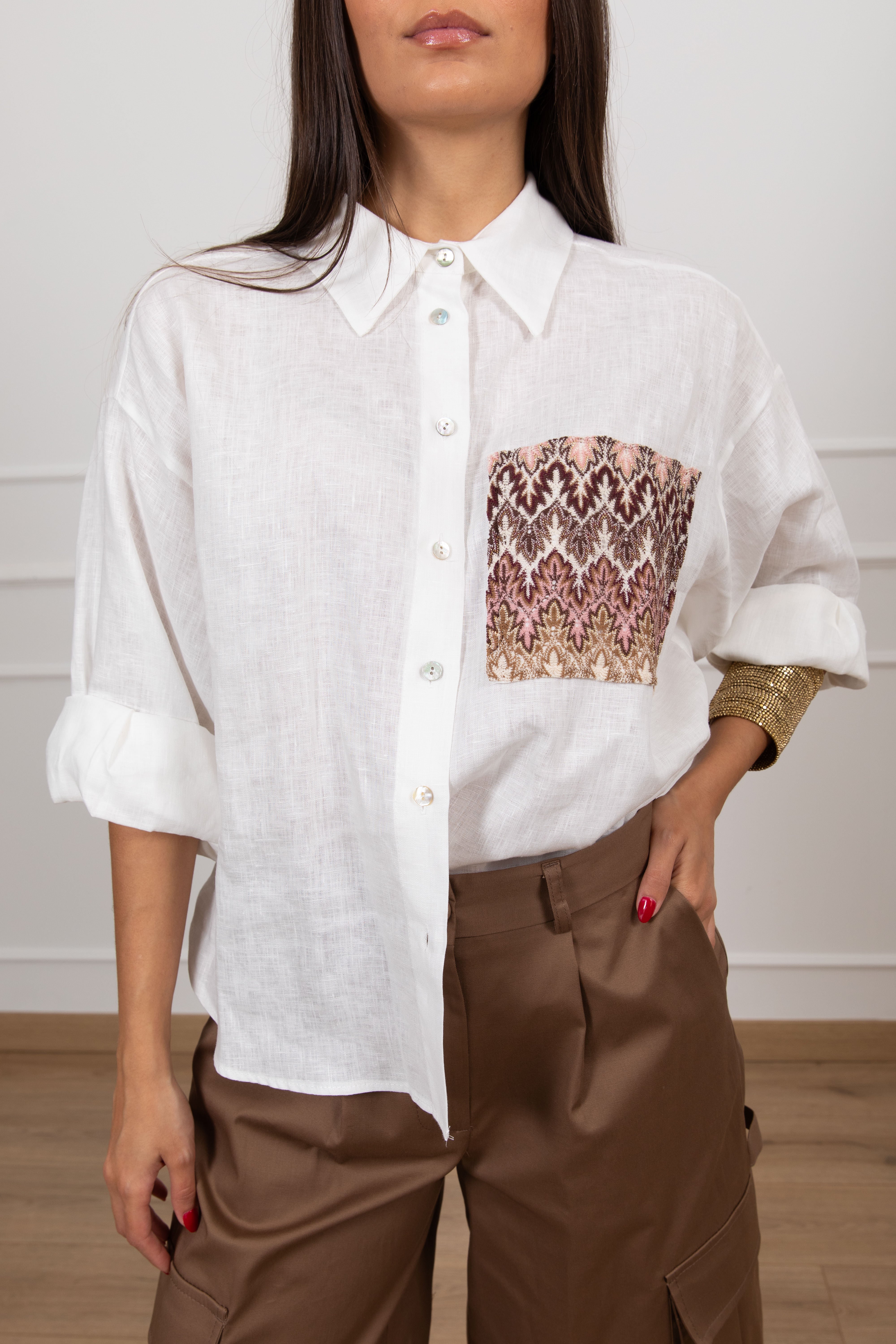 Camicia in lino con tasca fantasia zig-zag Tensione IN