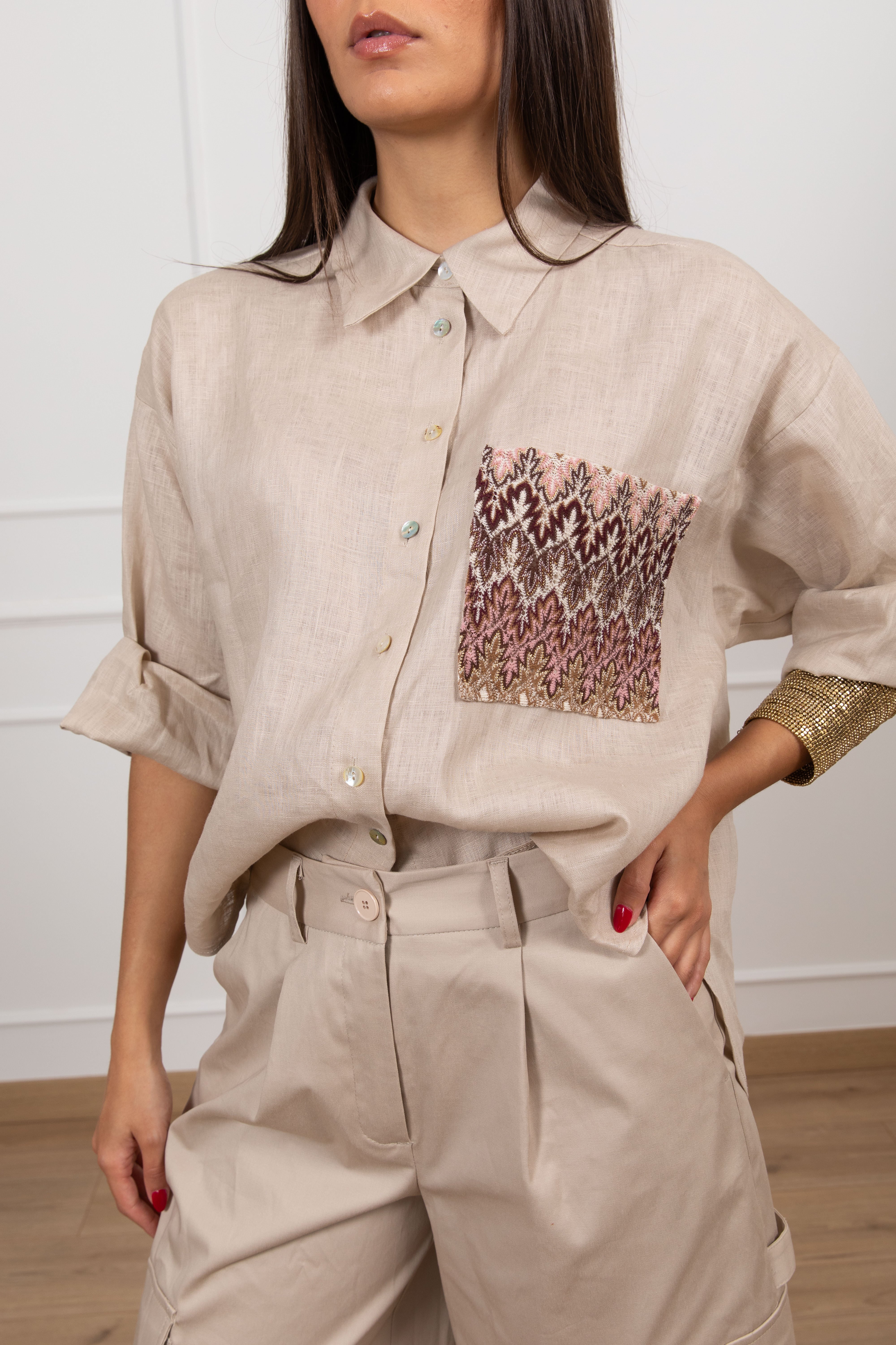 Camicia in lino con tasca fantasia zig-zag Tensione IN